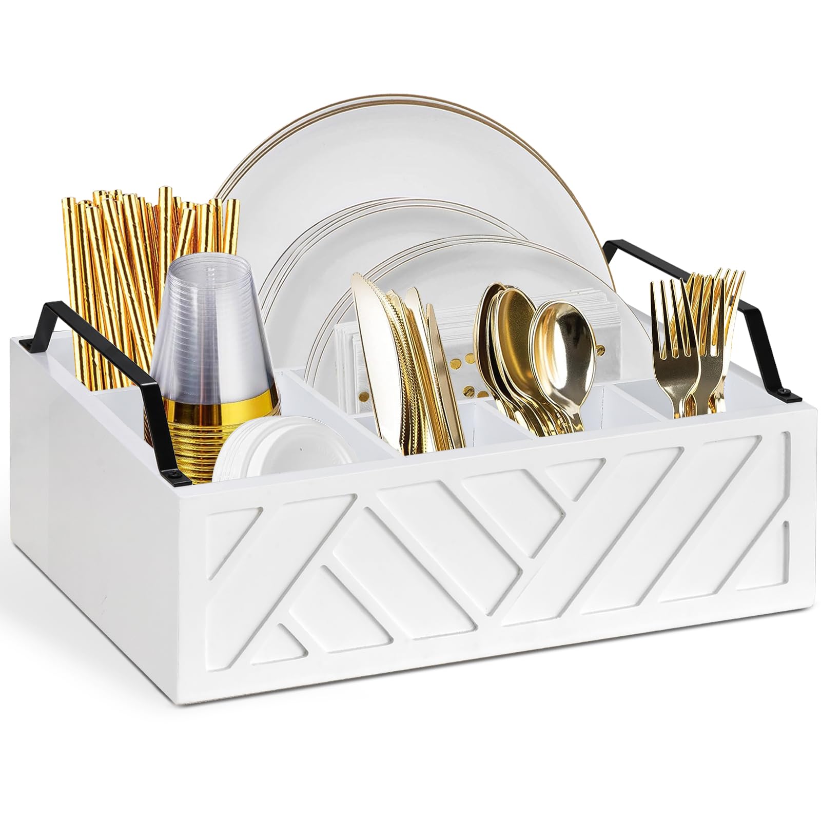 DHMHD  Paper Plate Dispenser and Holder Wood Rustic Utensil Caddy Kitchen Organizer for Plates Forks Spoons Napkins Cups durable home and garden