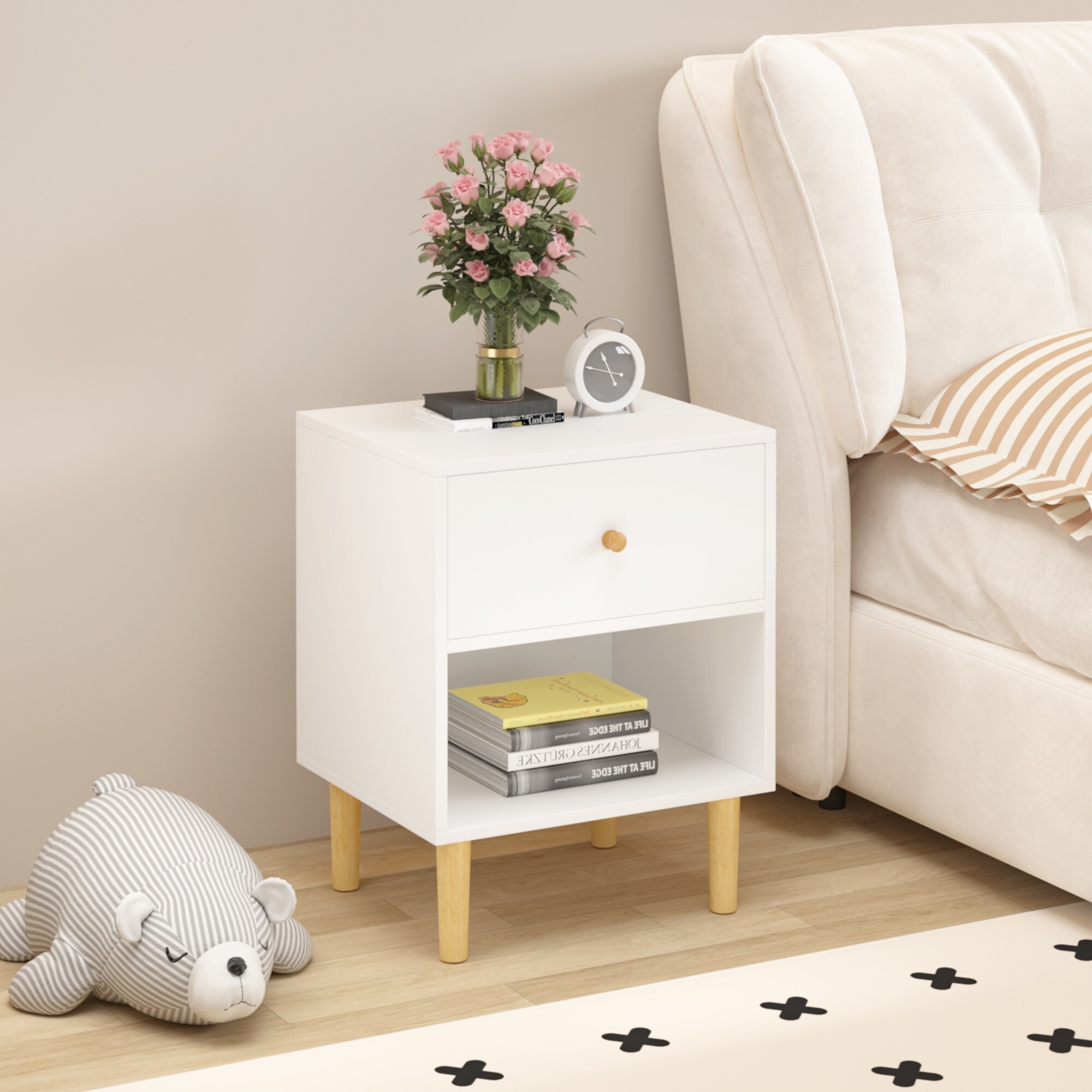 Horizons Prime - White MDF Wooden Nightstand with One Drawer One Shelf for Kids and Adults