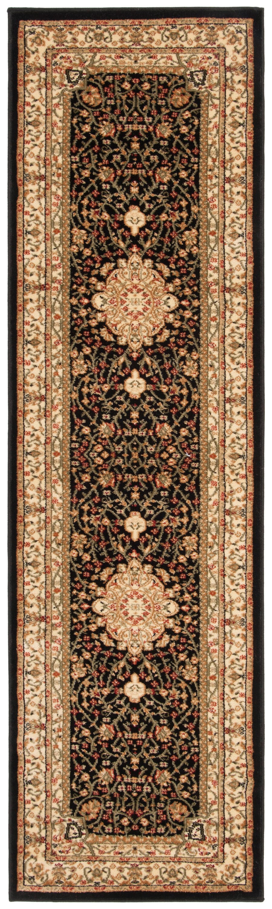 Black and Ivory Floral Synthetic Safavid Style Runner Rug
