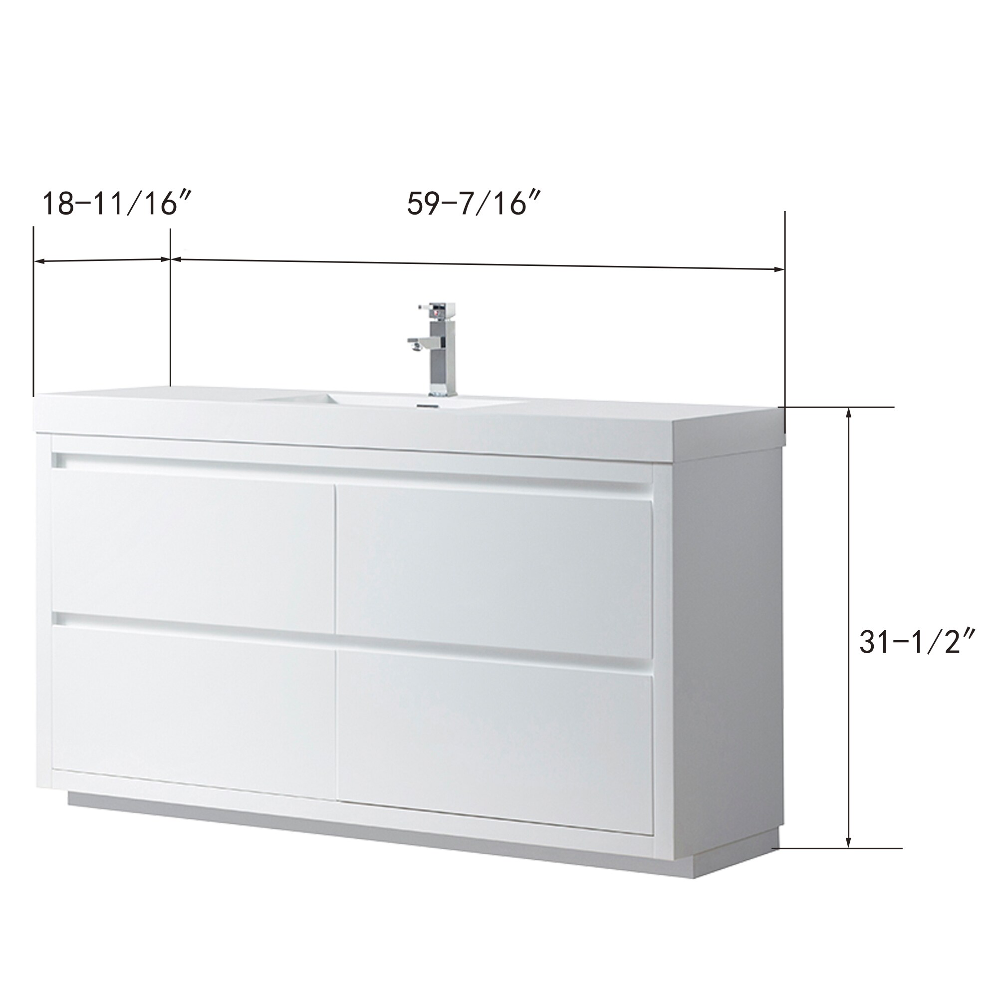 Glossy White 60-Inch Single Sink Bathroom Vanity with Resin Top