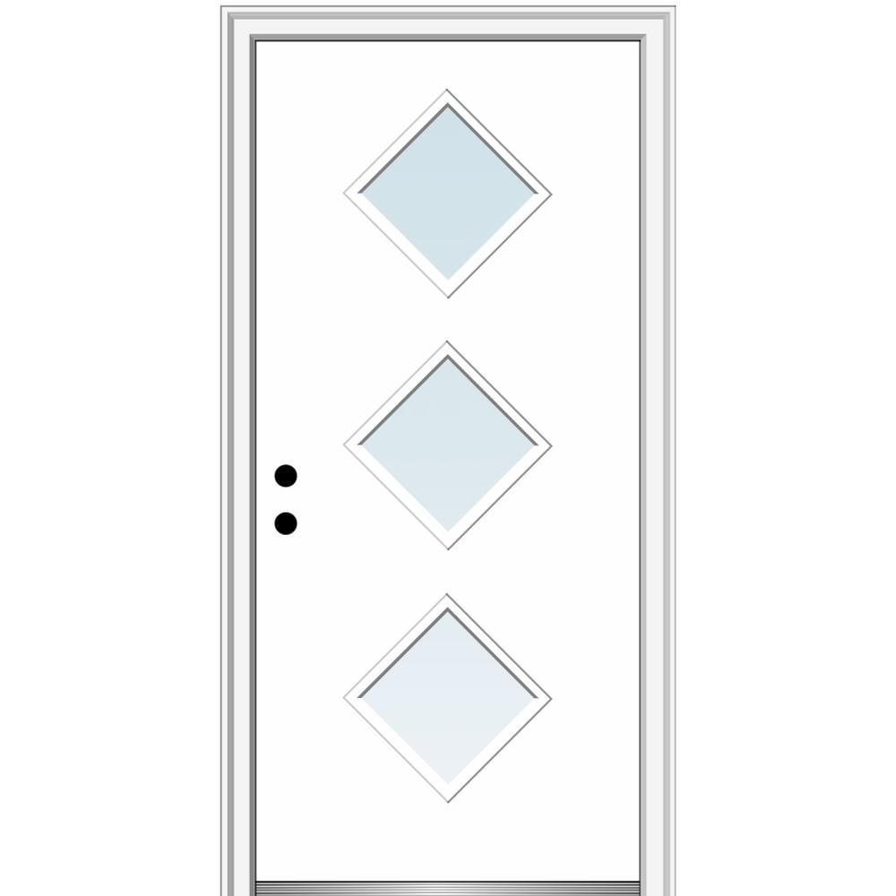 MMI DOOR ZZ346293R Spotlights 32-in x 80-in x 4-9/16-in Fiberglass Pulse lite Right-hand inswing Brilliant White Painted Prehung Front Door with Brickmould Insulating core