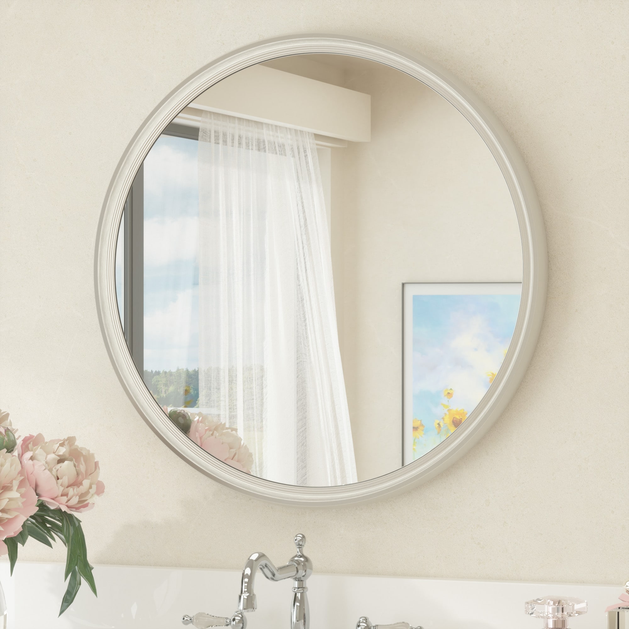Keonjinn LW-YX18-R41NI Bathroom Mirrors 16-in W x 16-in H Round Brushed Nickel Beveled Wall Mirror