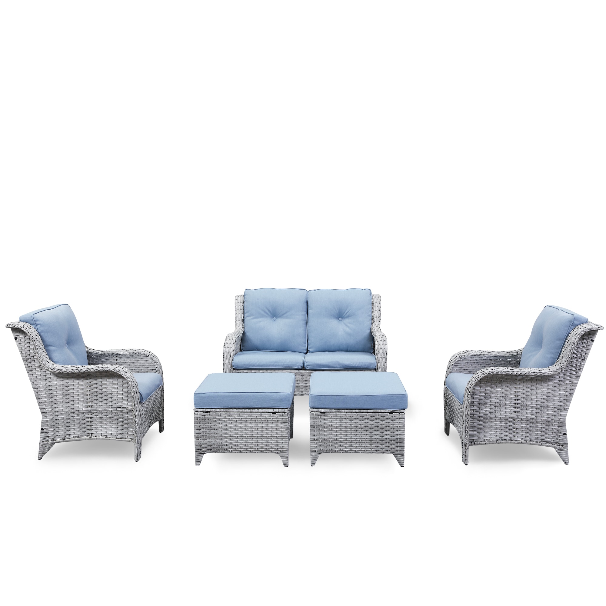Rilyson FS076075078-1BB Curved armrest 5 -Piece Wicker Patio Conversation Set with Blue Cushions