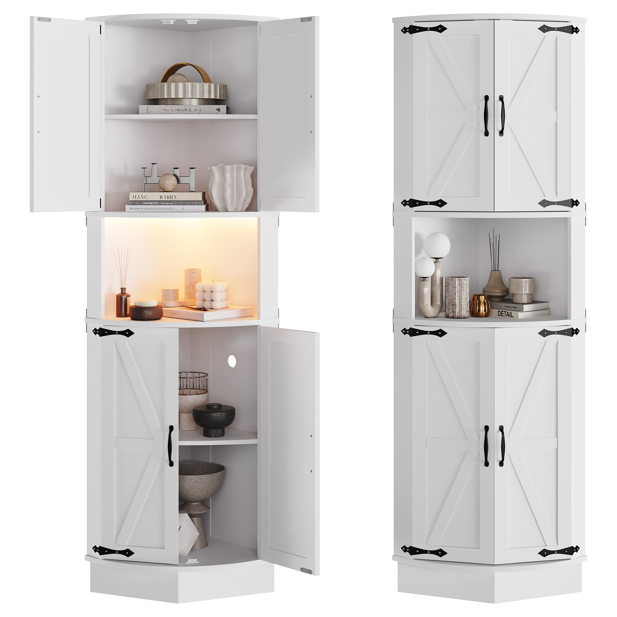 DEXSO 64.6in Farmhouse Corner Cabinet with LED Light 5 Tier Shelves White Wood