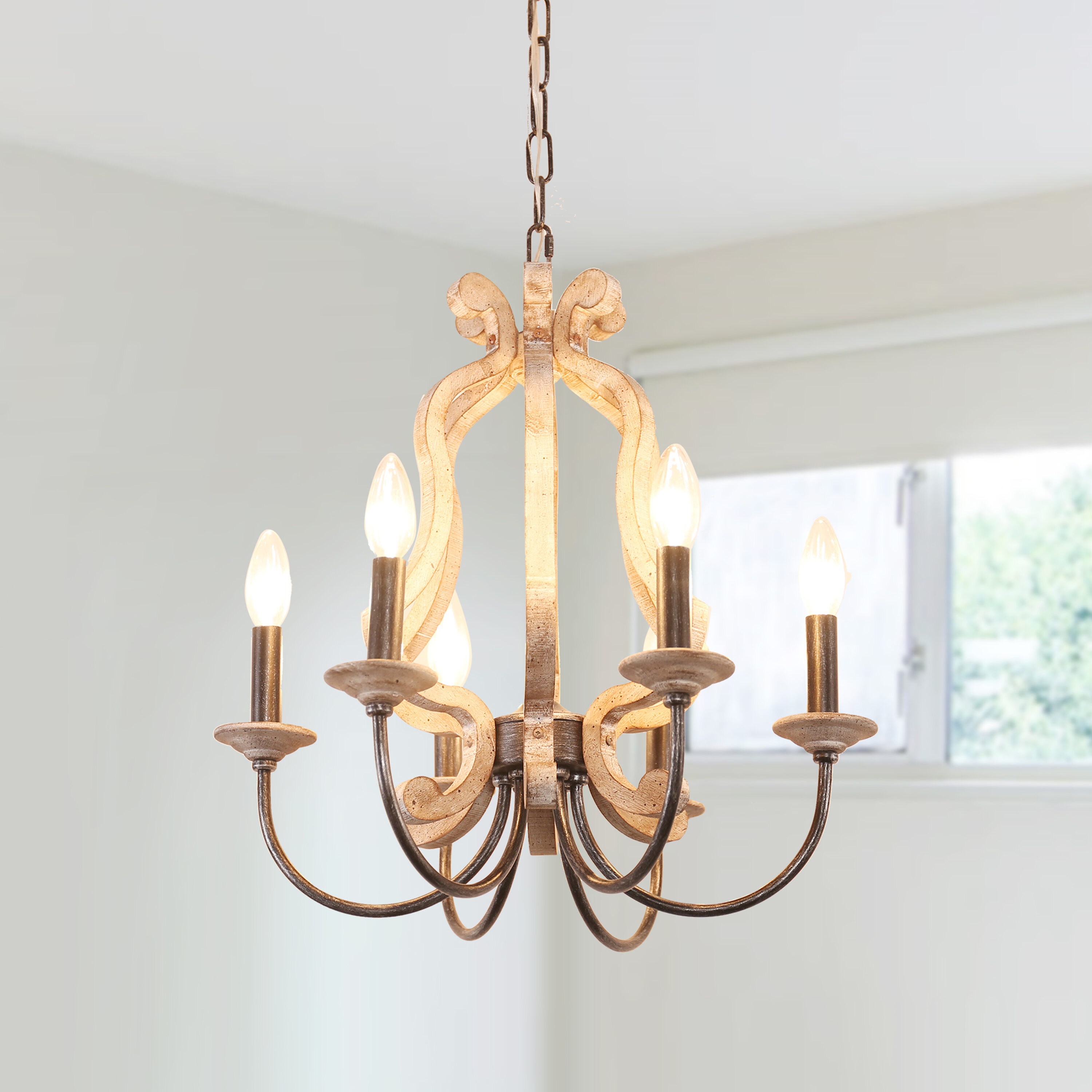 Oaks Decor FC4050-6H Alicia 6 -Light Distressed Brown French country/cottage Bare bulb Wood For Use in Bedrooms, Dining Rooms, Foyers, Kitchens, Living Rooms Chandelier