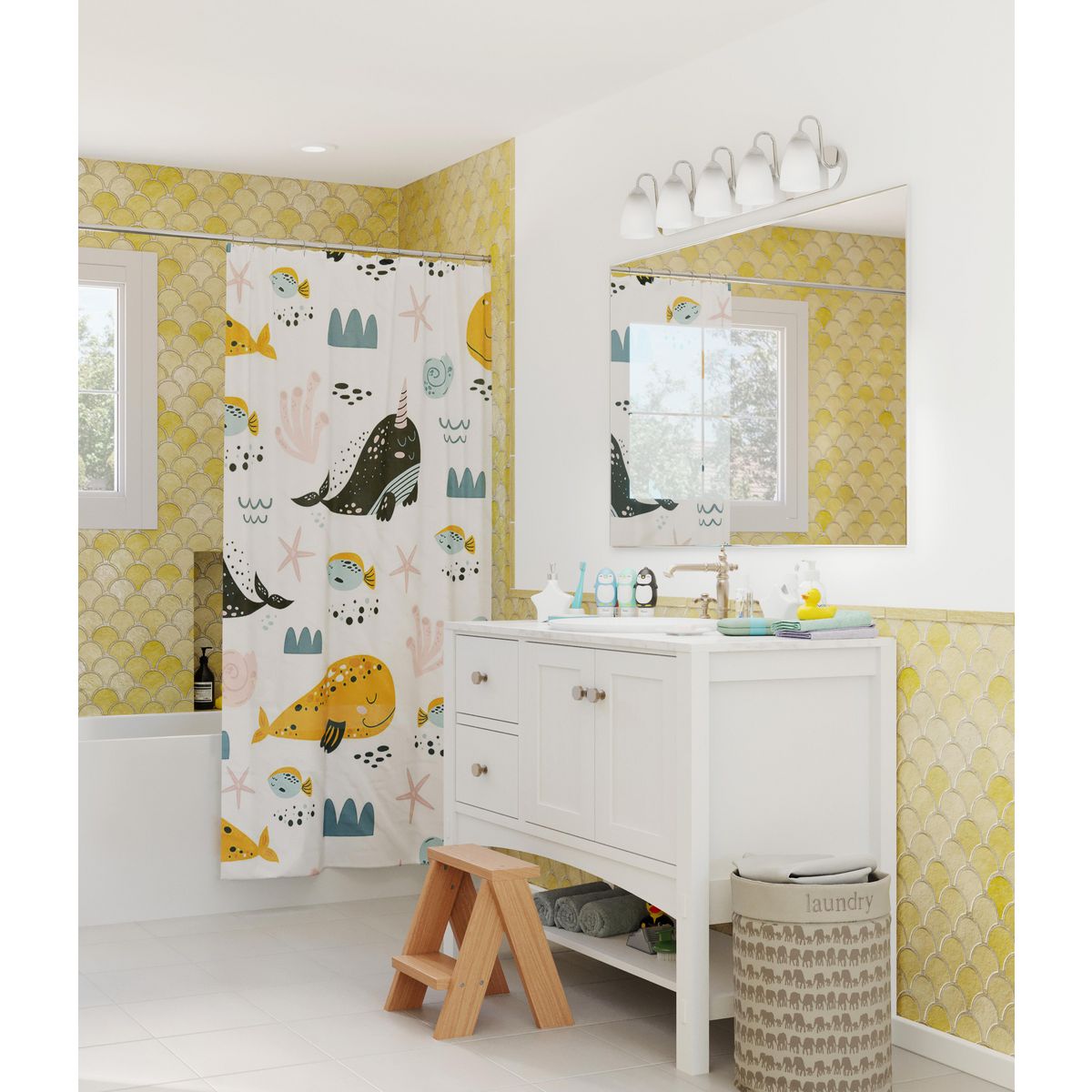 Brushed Nickel 5-Light Bath Vanity with Etched Glass Shades