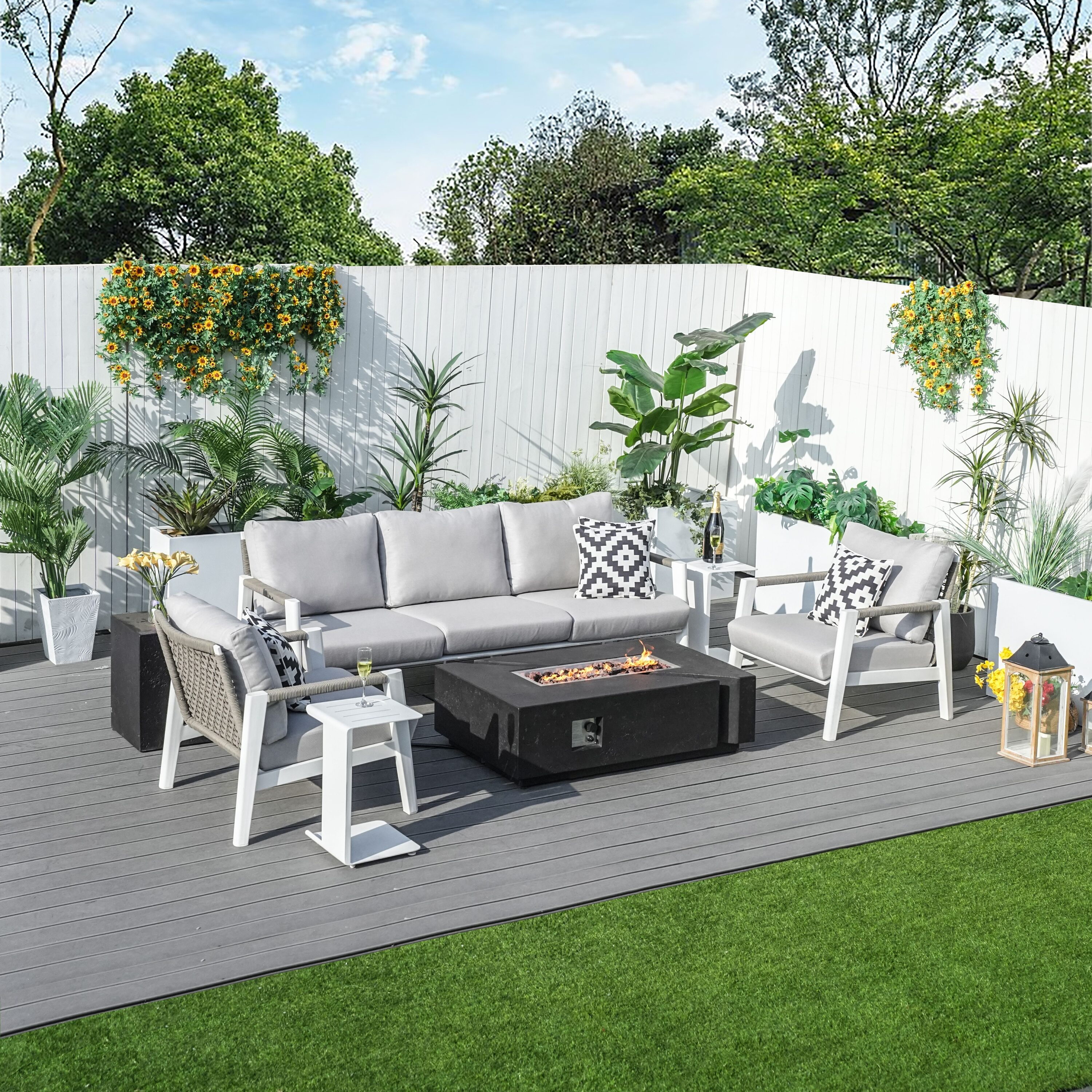 Moda Furnishings MAG-24913B-2322 7 -Piece Woven Patio Sofa Conversation Set with Gray Cushions