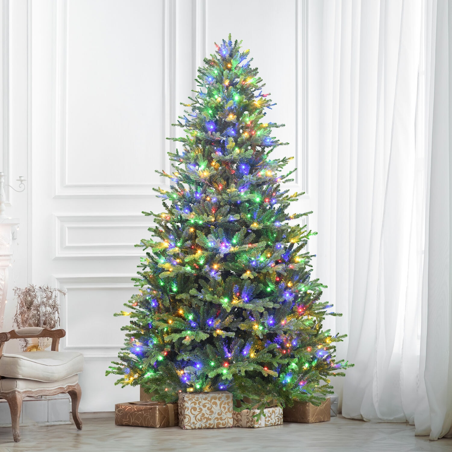 9-Ft Green Oregon Pine Christmas Tree with Multicolor LED Lights