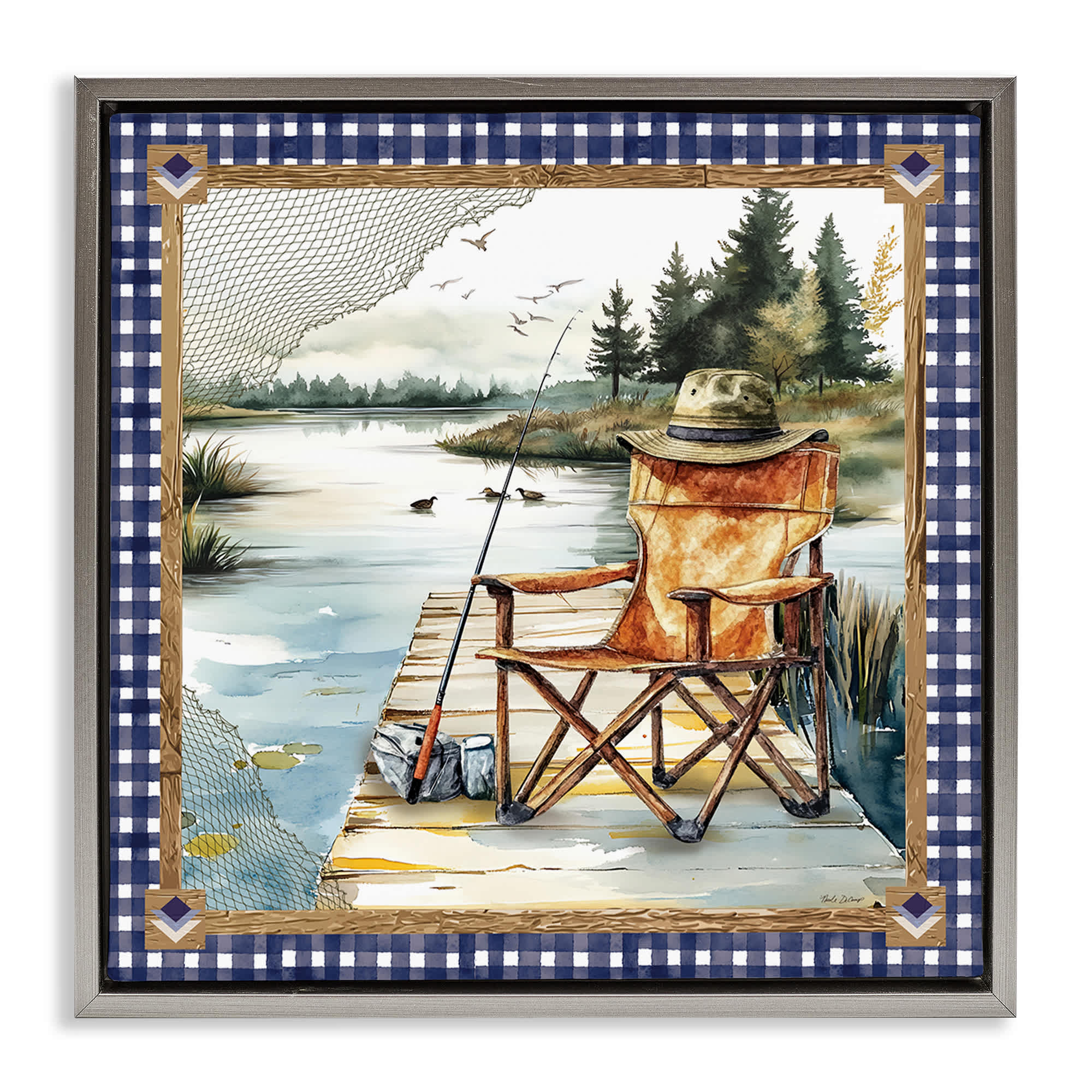Stupell Industries BT-578-FFL-24X24 Fishing Chair on Dock Gray Framed Floater Canvas Wall Art By Nicole DeCamp 25 x 25
