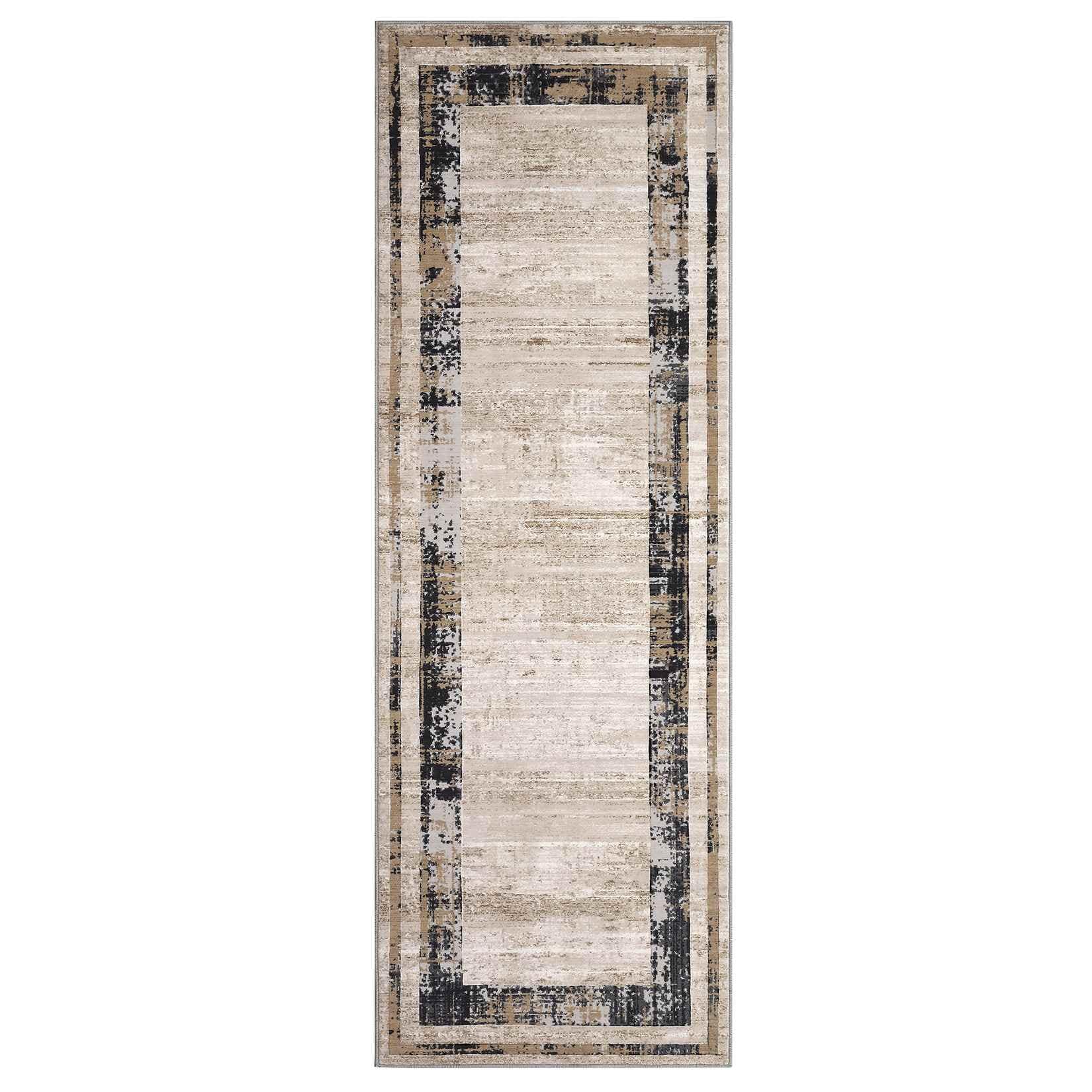 Qeetex LSN-PHK-33EC7FR3 2 x 6 ft Pearl Velvet Brown Rectangular Hallway Bathroom Entryway Kitchen Office Foldable Geometric Modern Washable Area Rug