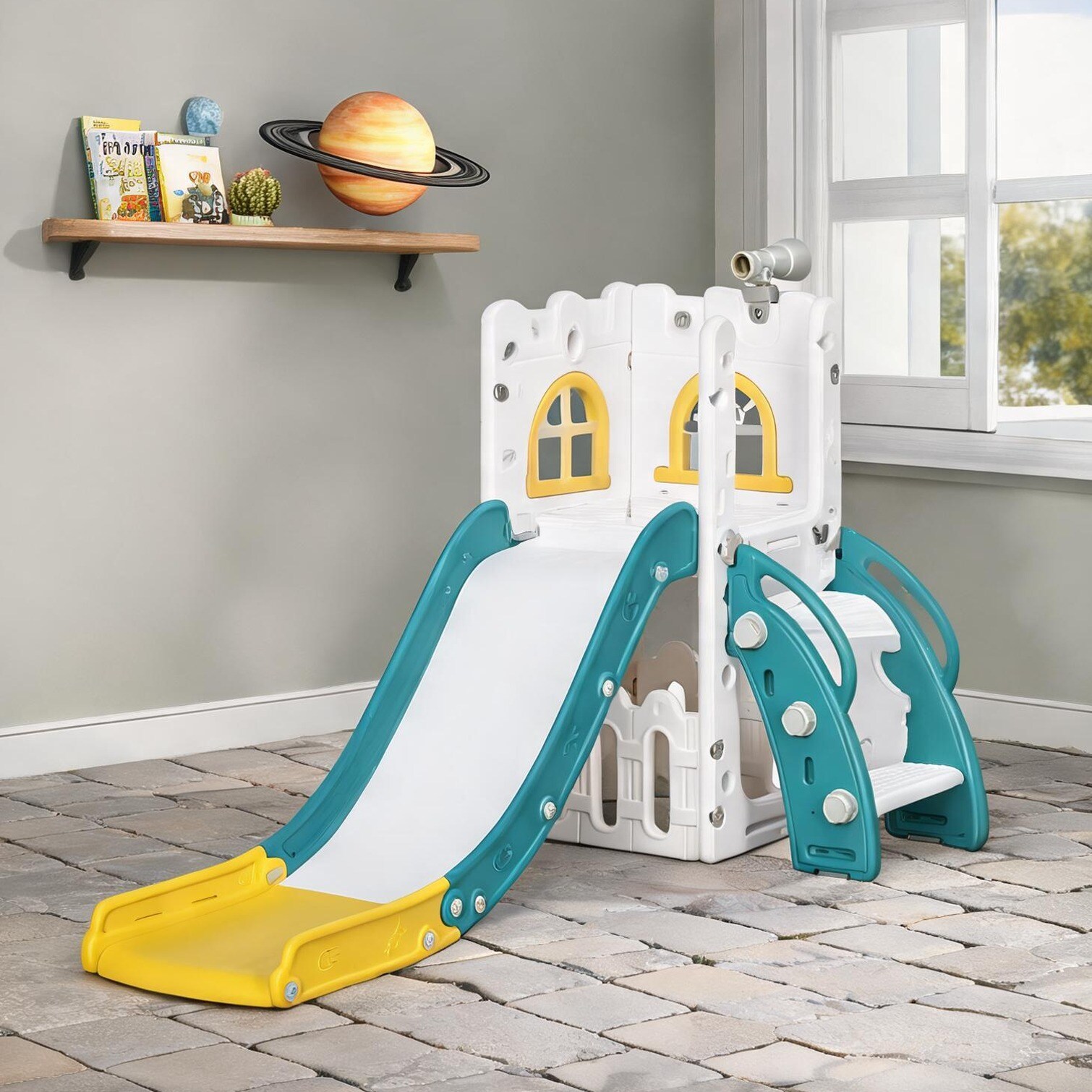 SunJet HDPE 5-in-1 Toddler Activity Slide Set with Basketball Hoop Climber and Storage Sunny Yellow Ages 1-3