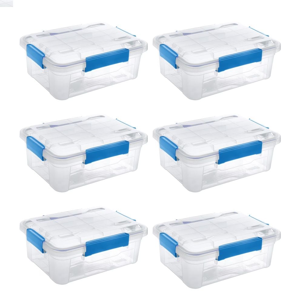 Slickblue Set of 6 Clear Storage Containers with Pressure Clasp Latches and Silicone Gasket Lids for Home Garage or Attic - Available in Different Sizes