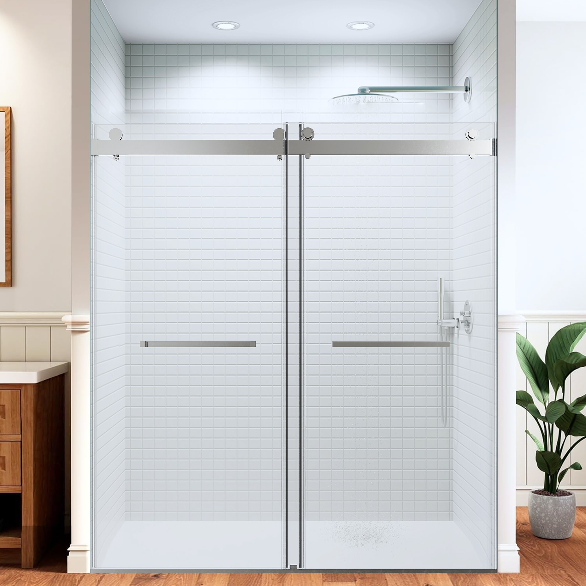 Afhocomp Brushed Nickel 68-in to 72-in W x 76-in H Frameless Clear Glass Sliding Shower door