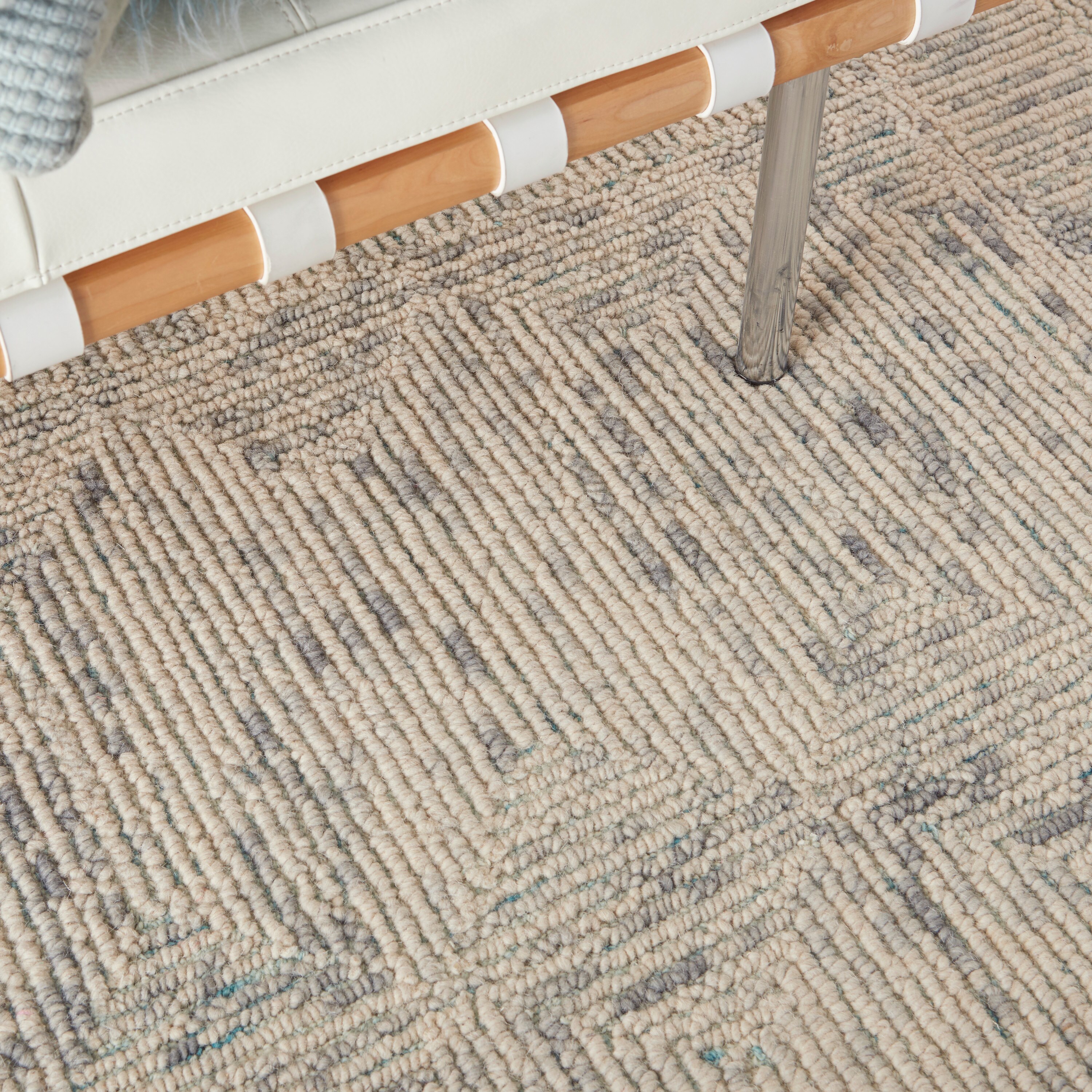 Handmade Ivory, Grey, and Teal Wool Area Rug 5' x 7'