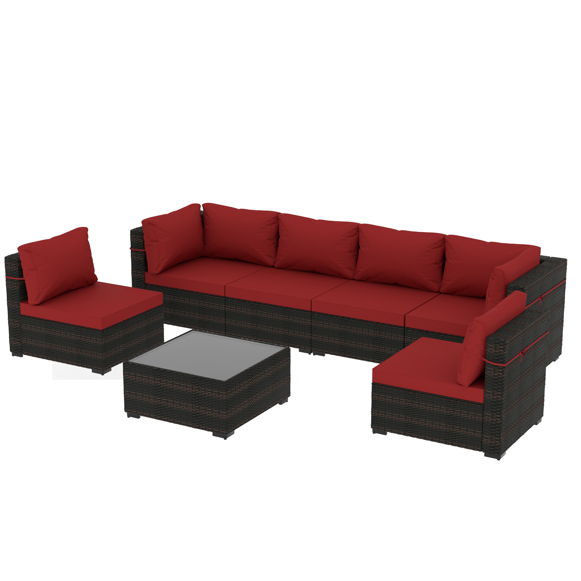Patio Watcher RT-JD7-B-RED 7 -Piece Rattan Patio Conversation Set with Red Cushions