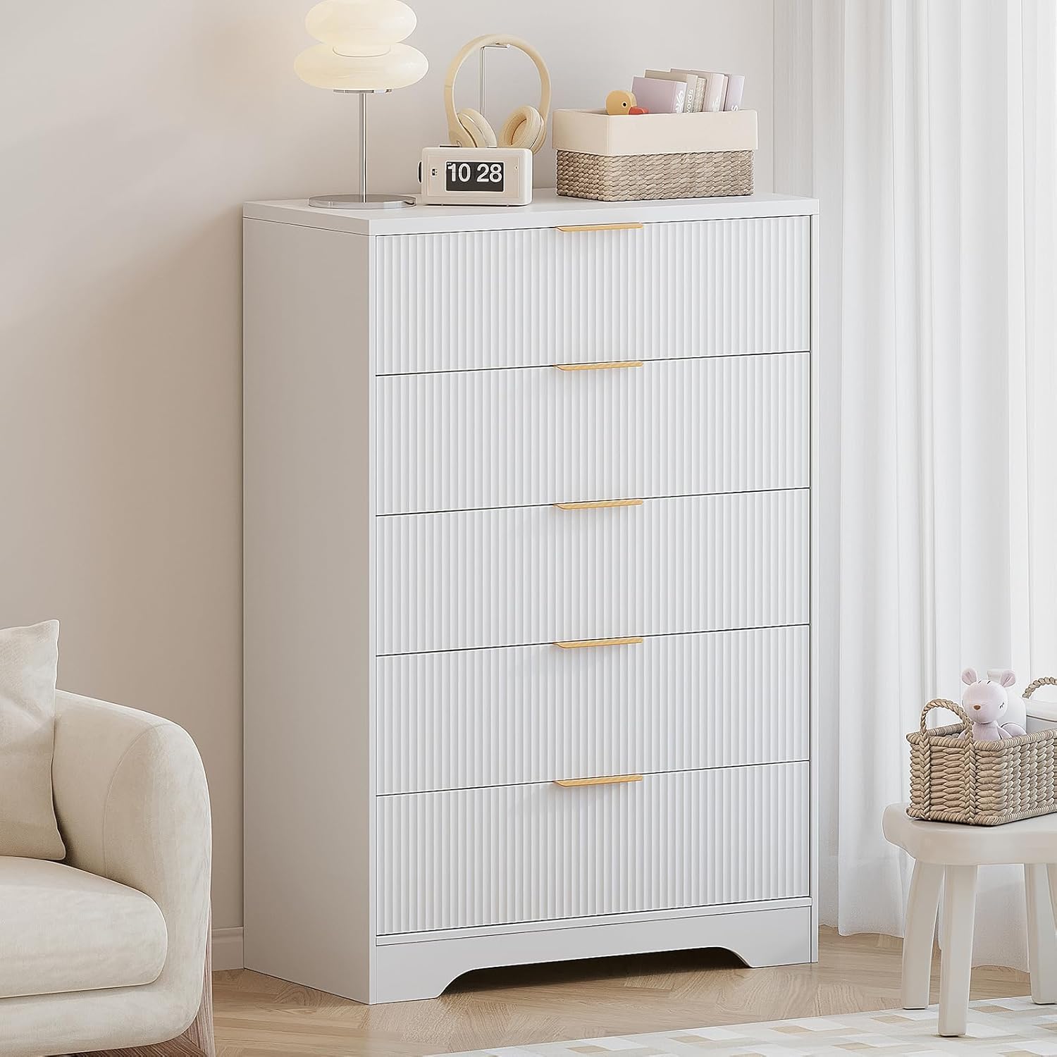 Garvee Fluted 5 Drawer Dresser Gold Handles Modern Tall Black Chest Engineered Wood Organizer Bedroom White/ Home storage drawer cabinet for versatile room placement