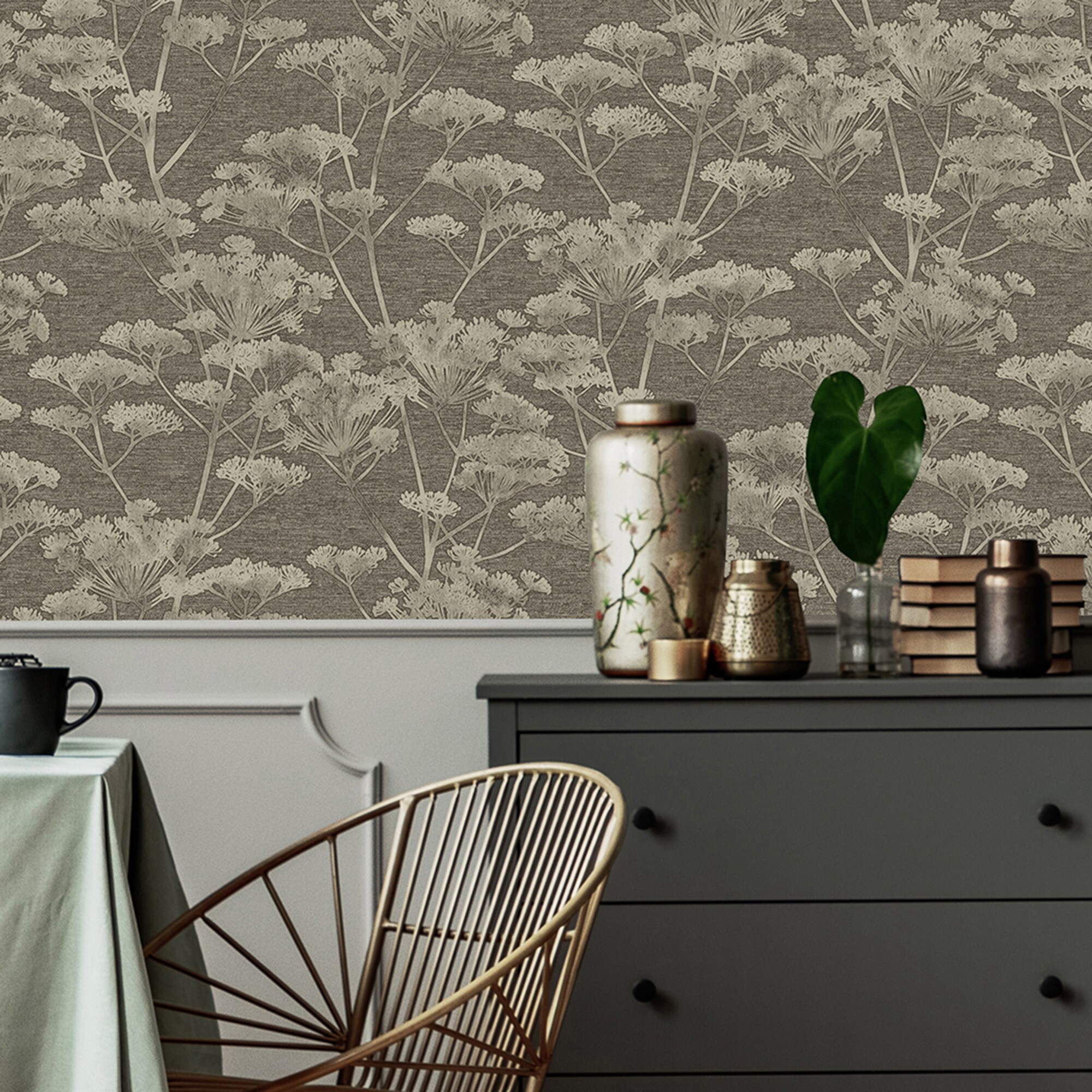 Boutique Indulgence Taupe and Gold Floral Non-Woven Wallpaper