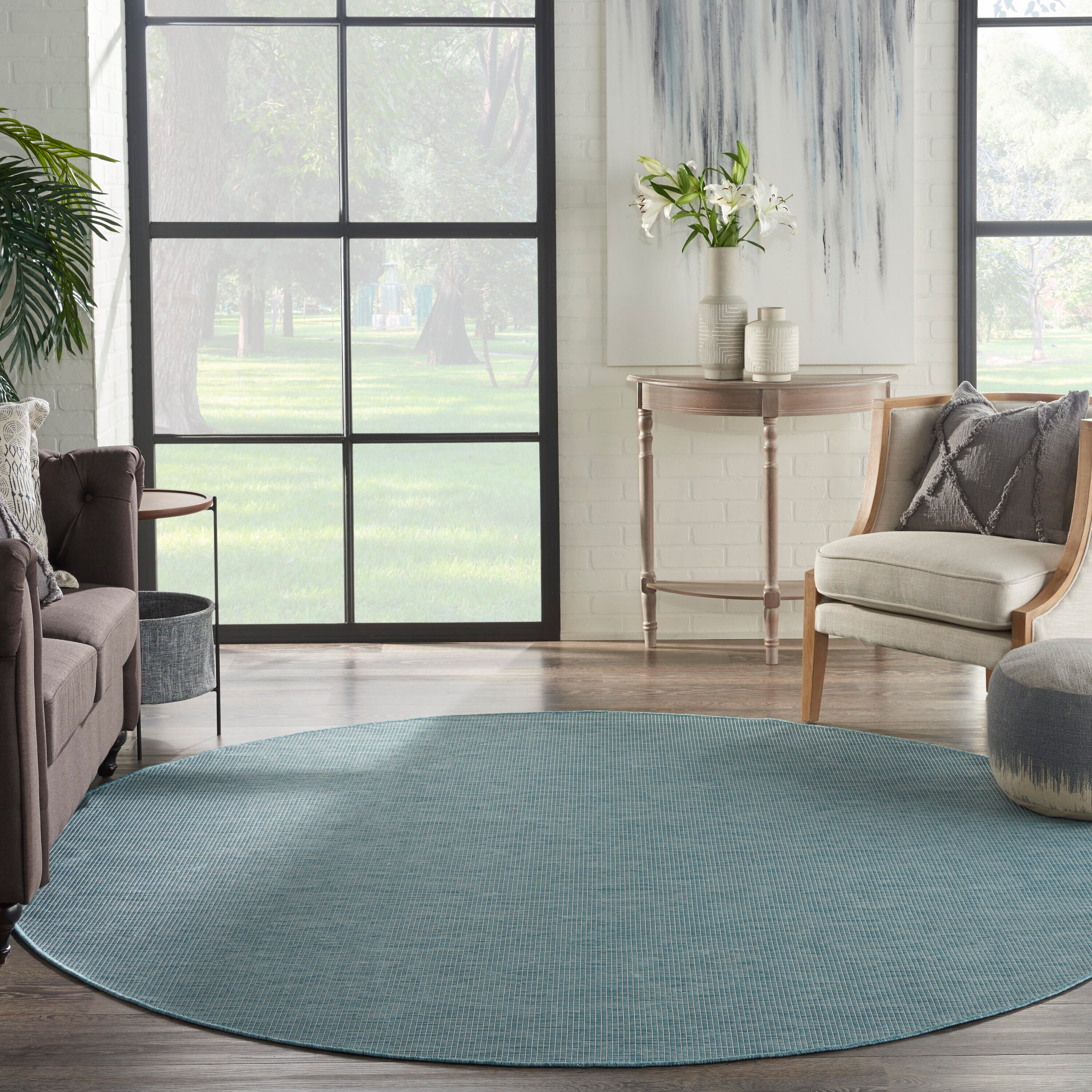 Nourison 99446790828 Positano 8 x 8 (ft) Loomed Polypropylene Aqua Round Indoor/Outdoor Solid Area rug