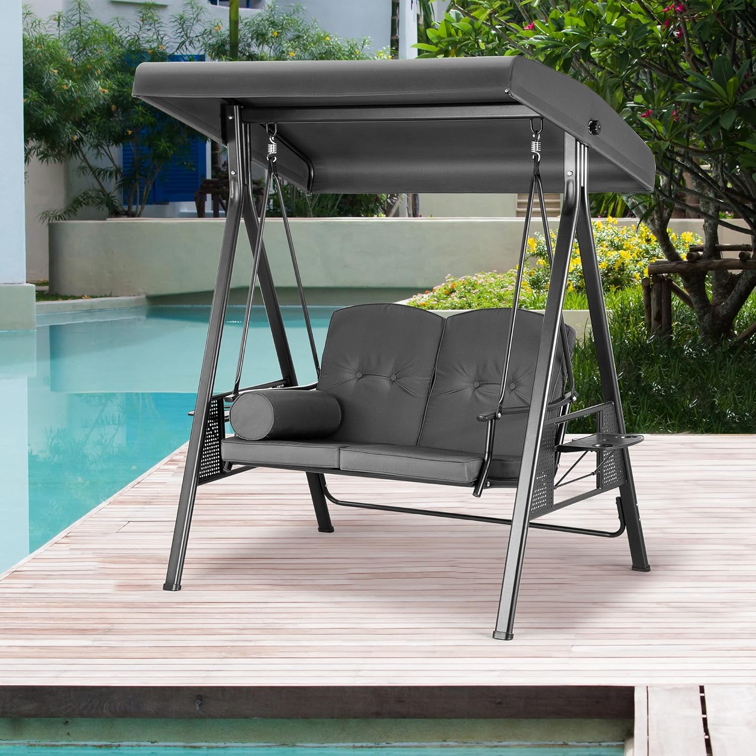  B0D2MP1MRH 2-Seat Porch Swing with All-Weather Steel Frame Adjustable Swing Chair with Canopy Removable Cushion and Pillow Hammock with Stand for Outside Backyard Porch Poolside Balcony (Gray)