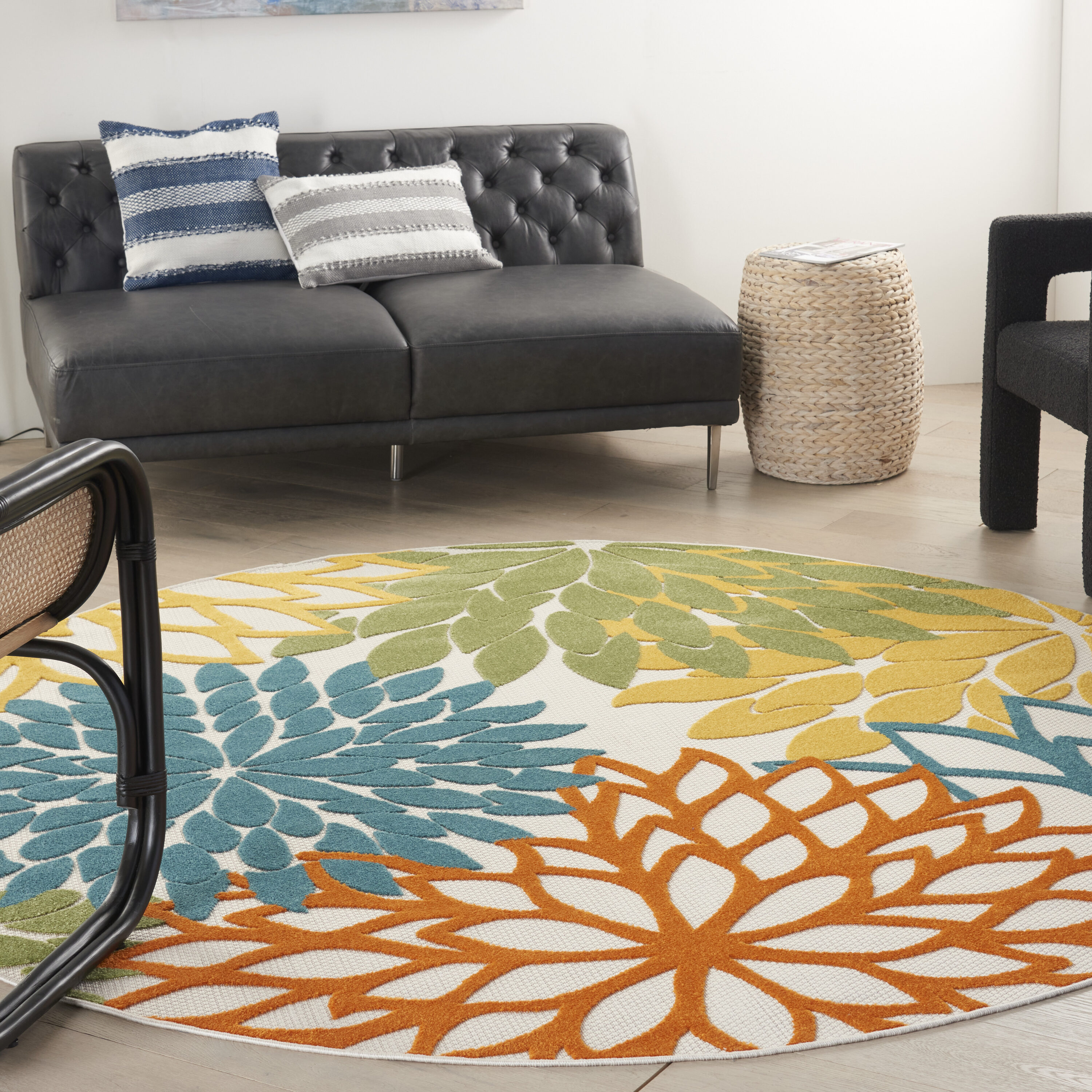 Nourison Aloha 8 x 8 (ft) Loomed Polypropylene Turquoise Multicolor Round Indoor/Outdoor Floral/Botanical Tropical Area rug #099446827159