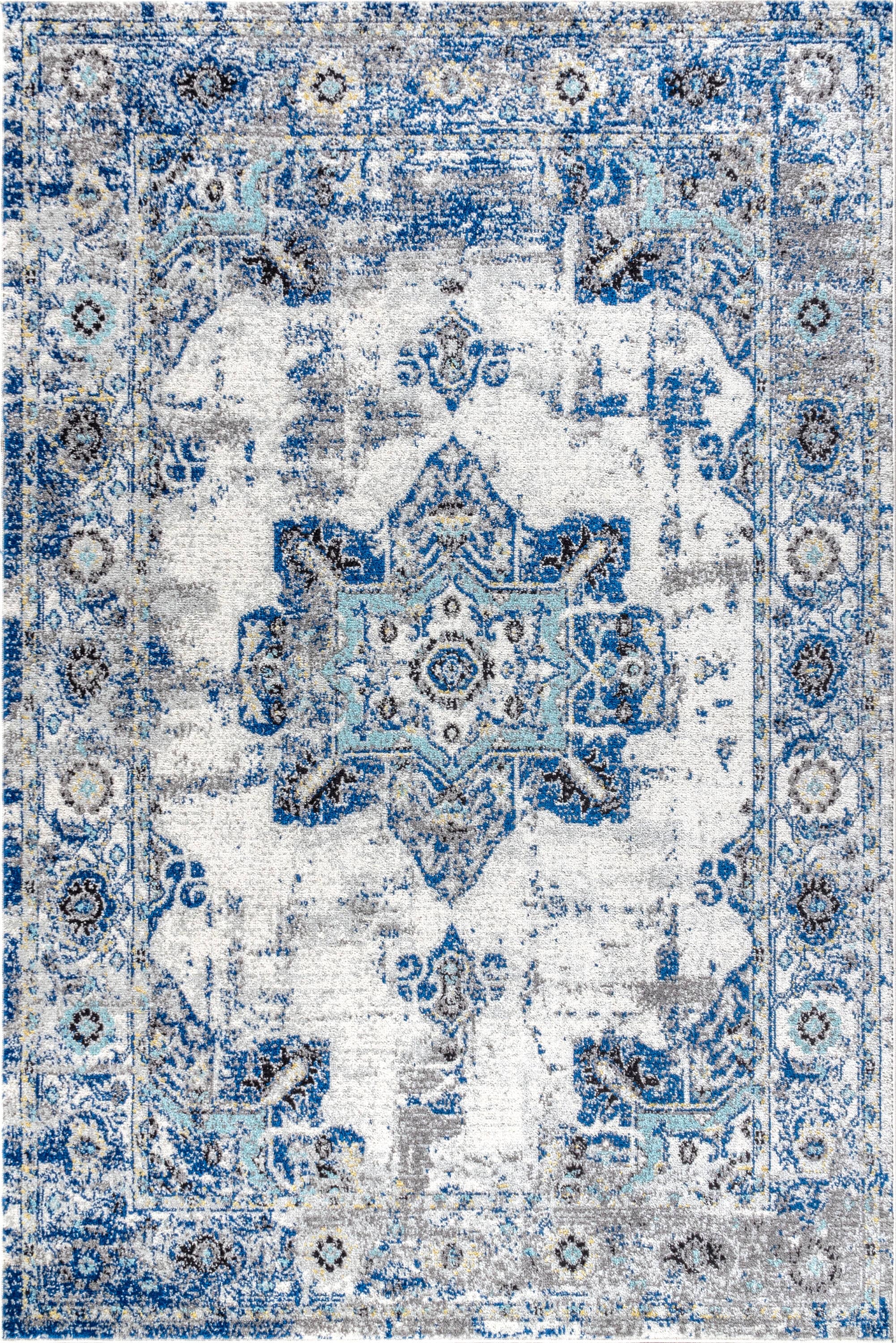 Ivory and Blue Persian Boho Vintage Medallion Area Rug