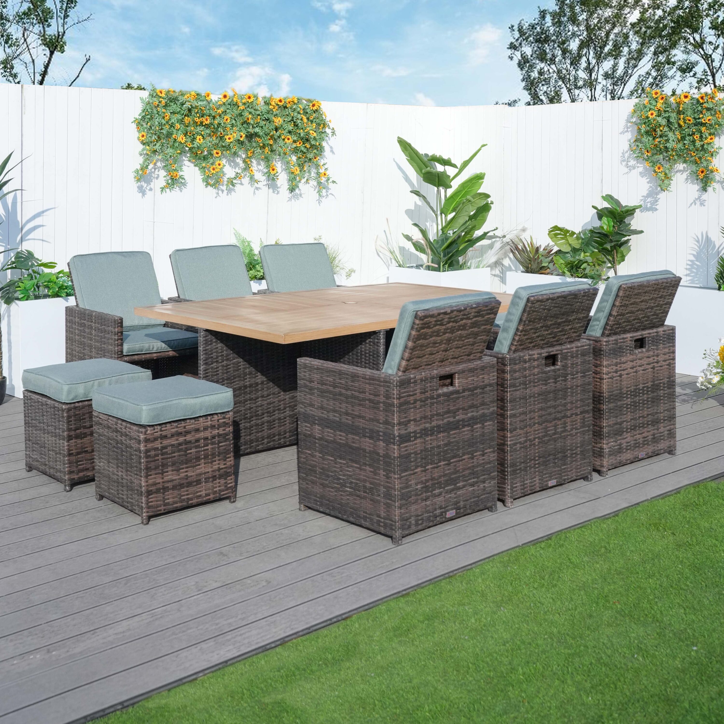 Direct Wicker DWD-3234BRA-CE 11 -Piece brown Wicker Patio Dining Set Aluminum Rectangle Table with 6 Green Cushions Stationary Chairs
