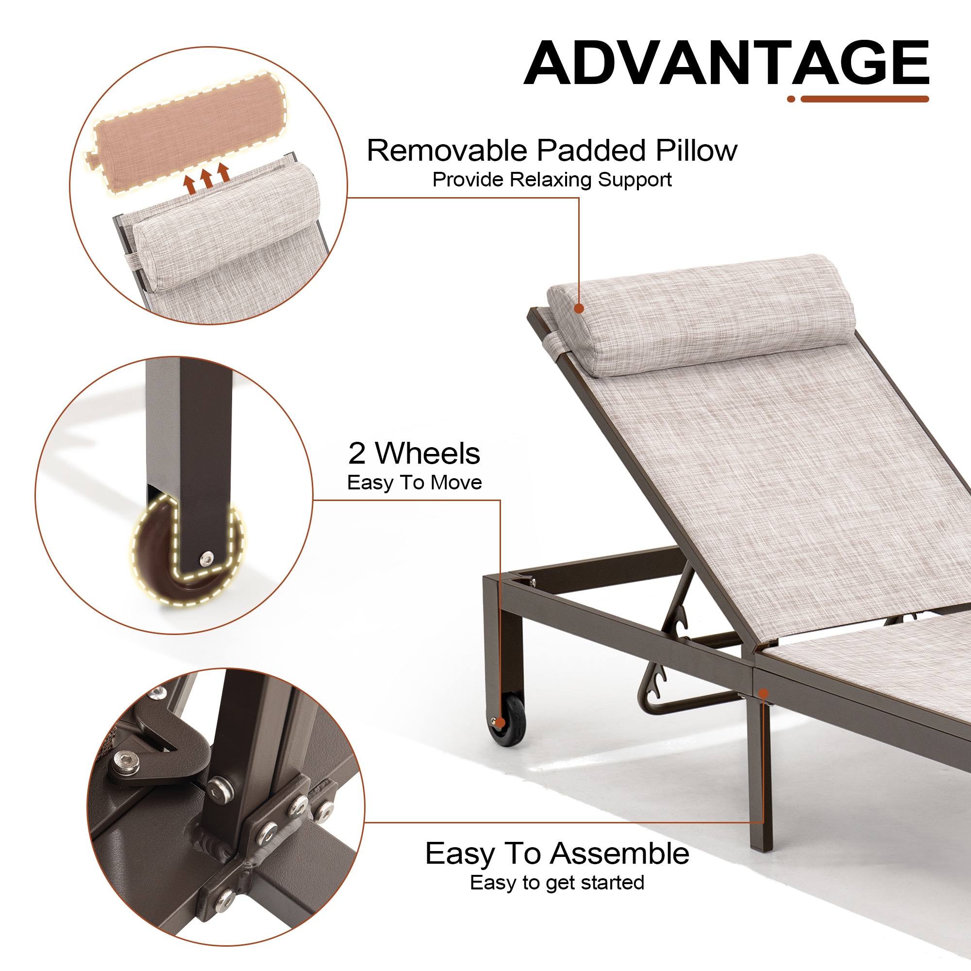 Brown Aluminum Adjustable Outdoor Chaise Lounge with Cushion