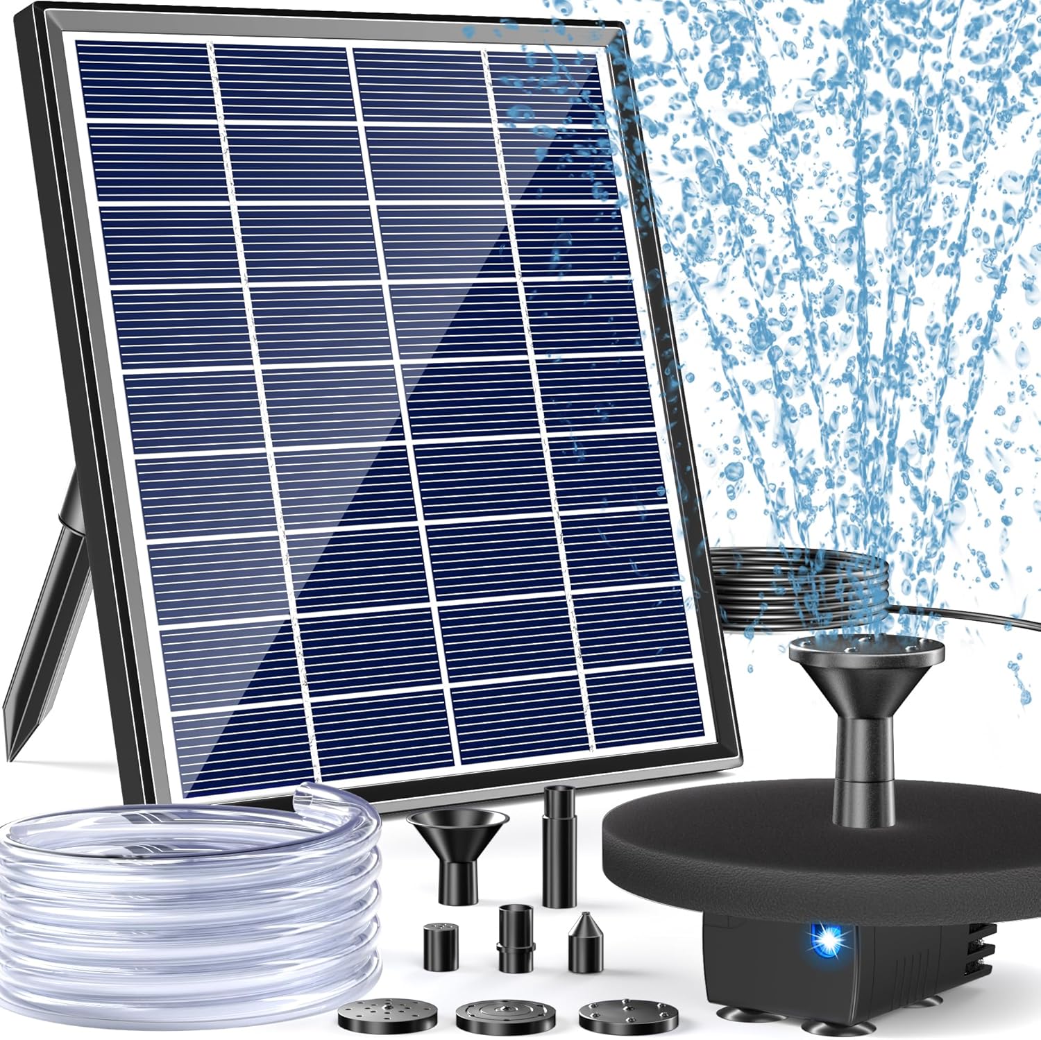 Etokfoks  6W Glass Solar Bird Bath Fountain Pump 60GPH 5 Nozzles 9 84 ft Cable 4 ft Tubing for Pond Garden and Outdoor Water Features