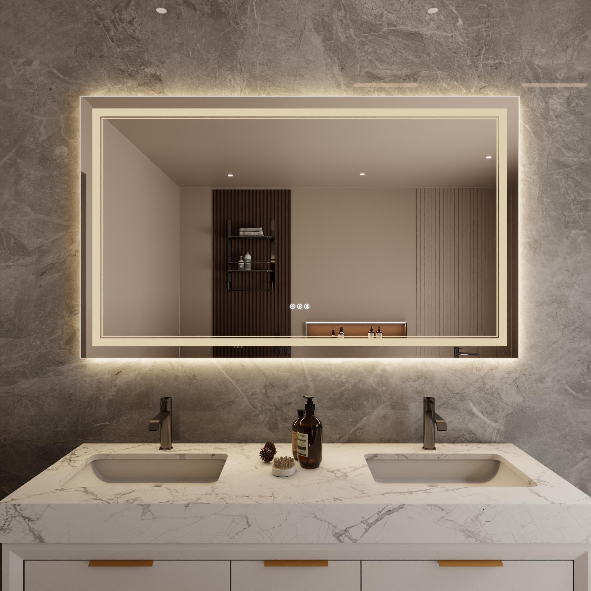 Bayfeve BFXB-14S3660-MIR Modern Multifunction LED Bathroom Mirror 60-in x 35.83-in Polished Frameless Rectangle Dimmable LED Lighted Fog Free Bathroom Vanity Mirror ( Silver )