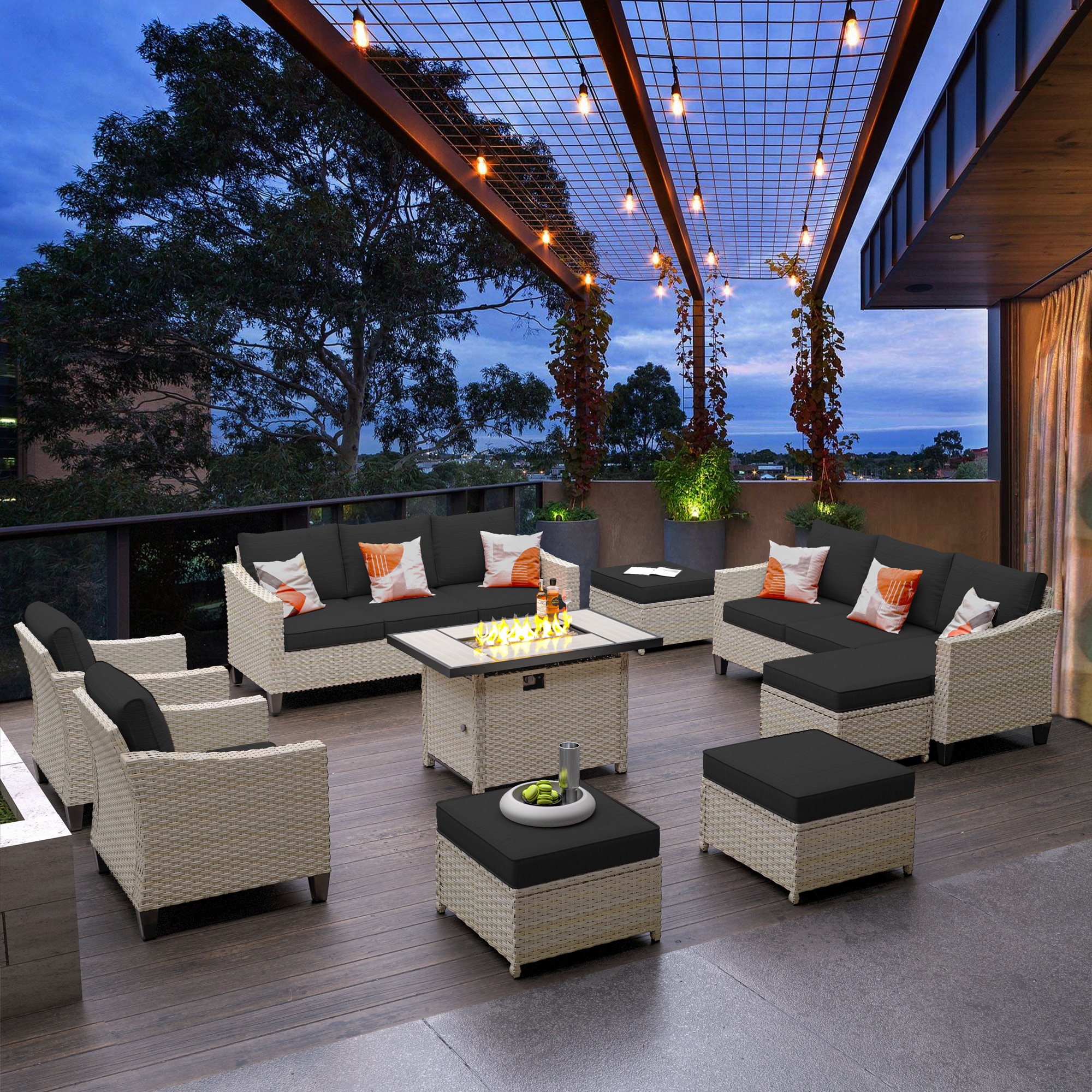 Pouuin SRFPDAR108 9 -Piece Rattan 2 Patio Sofa Conversation Set with Black Cushions
