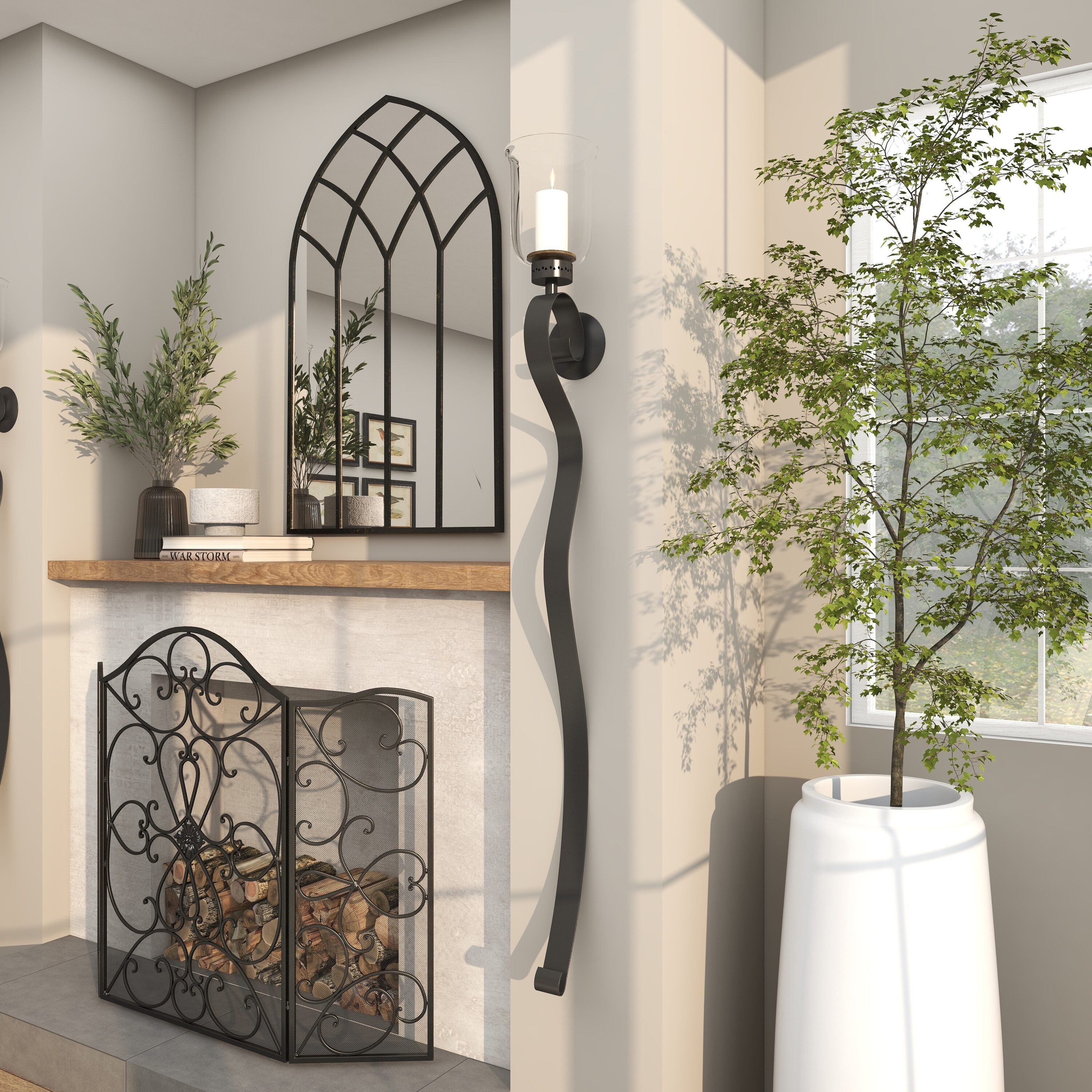 Black Wrought Iron Abstract Hurricane Wall Sconce