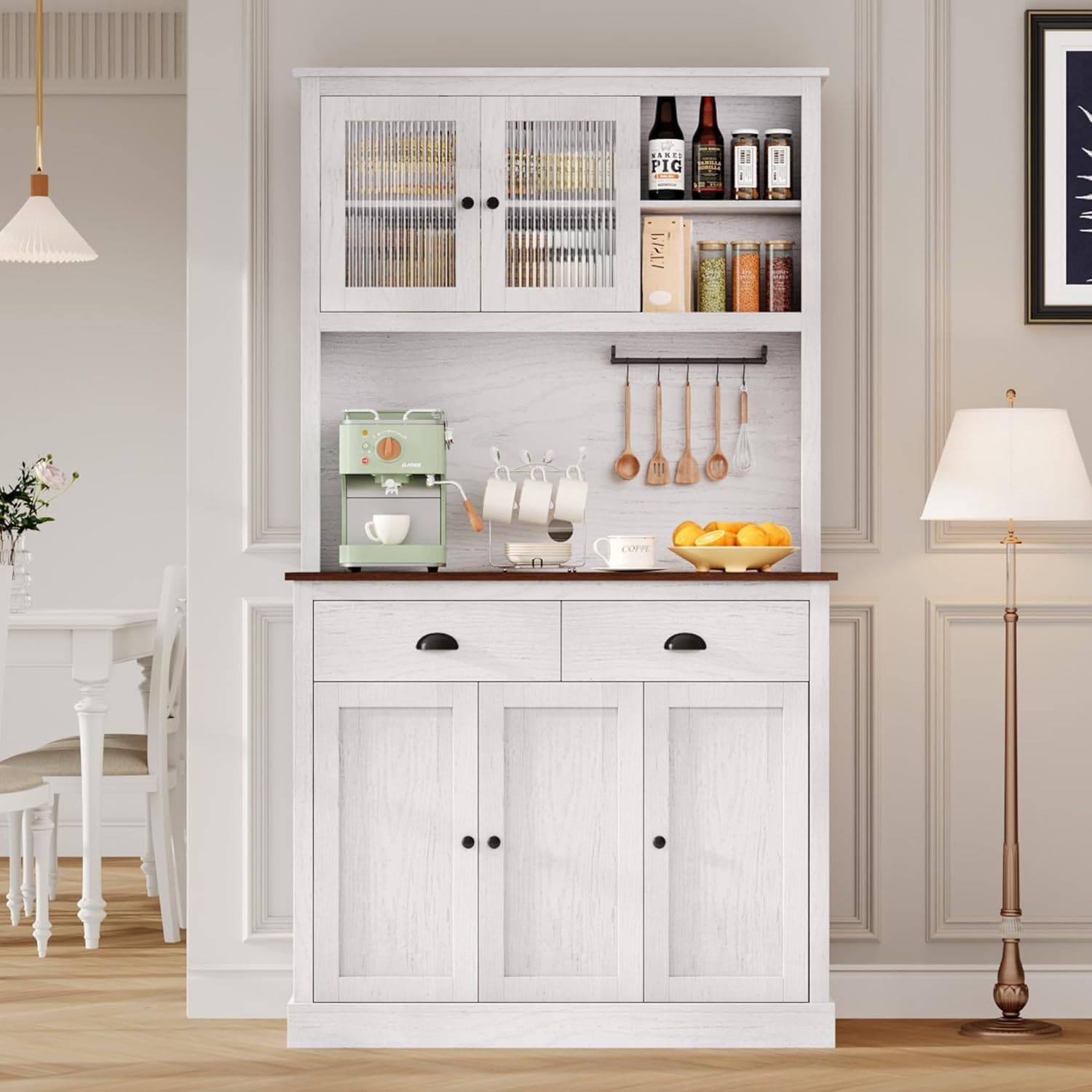 Qeetex WWJ-PHK-33MDT3CE Pantry Cabinet Freestanding with Microwave Stand Kitchen Headboard for Dining Room Rustic Gray