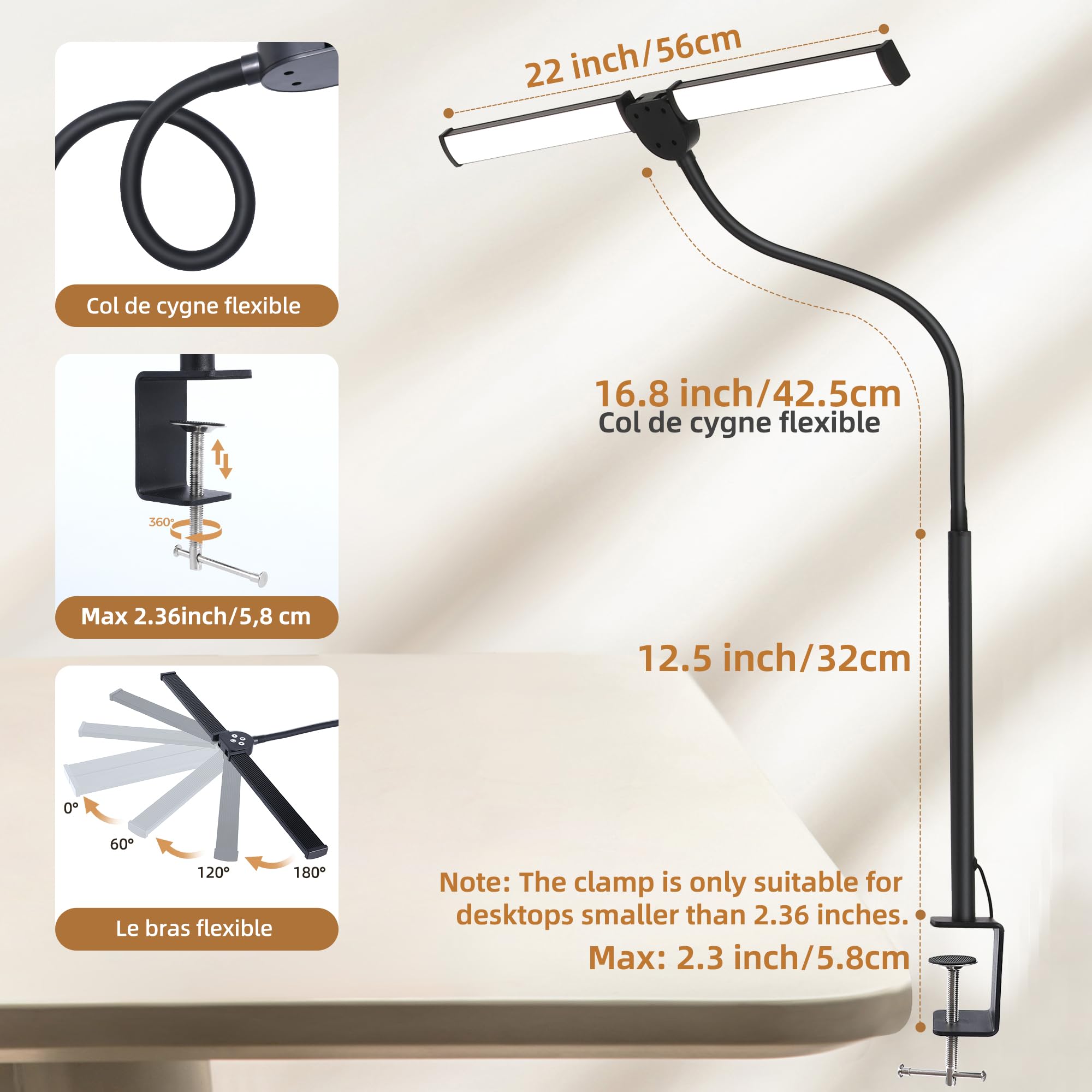IUEST Led Desk Lamp Dual Head Adjustable Gooseneck Clamp Light with ...