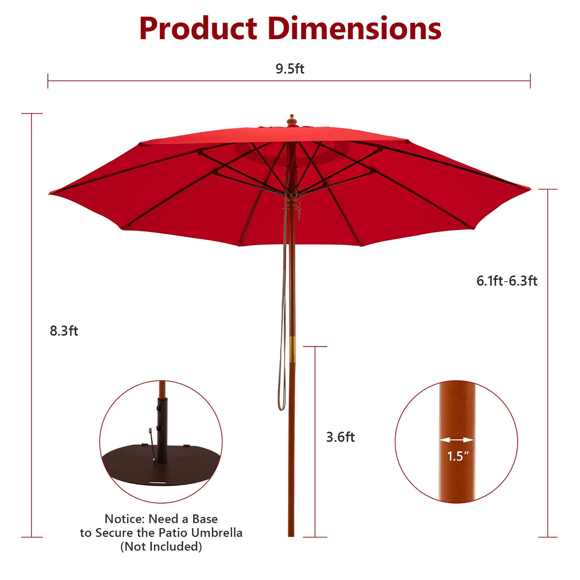 CASAINC 9.5-ft Red No-tilt Garden Patio Umbrella in the Patio Umbrellas  department at