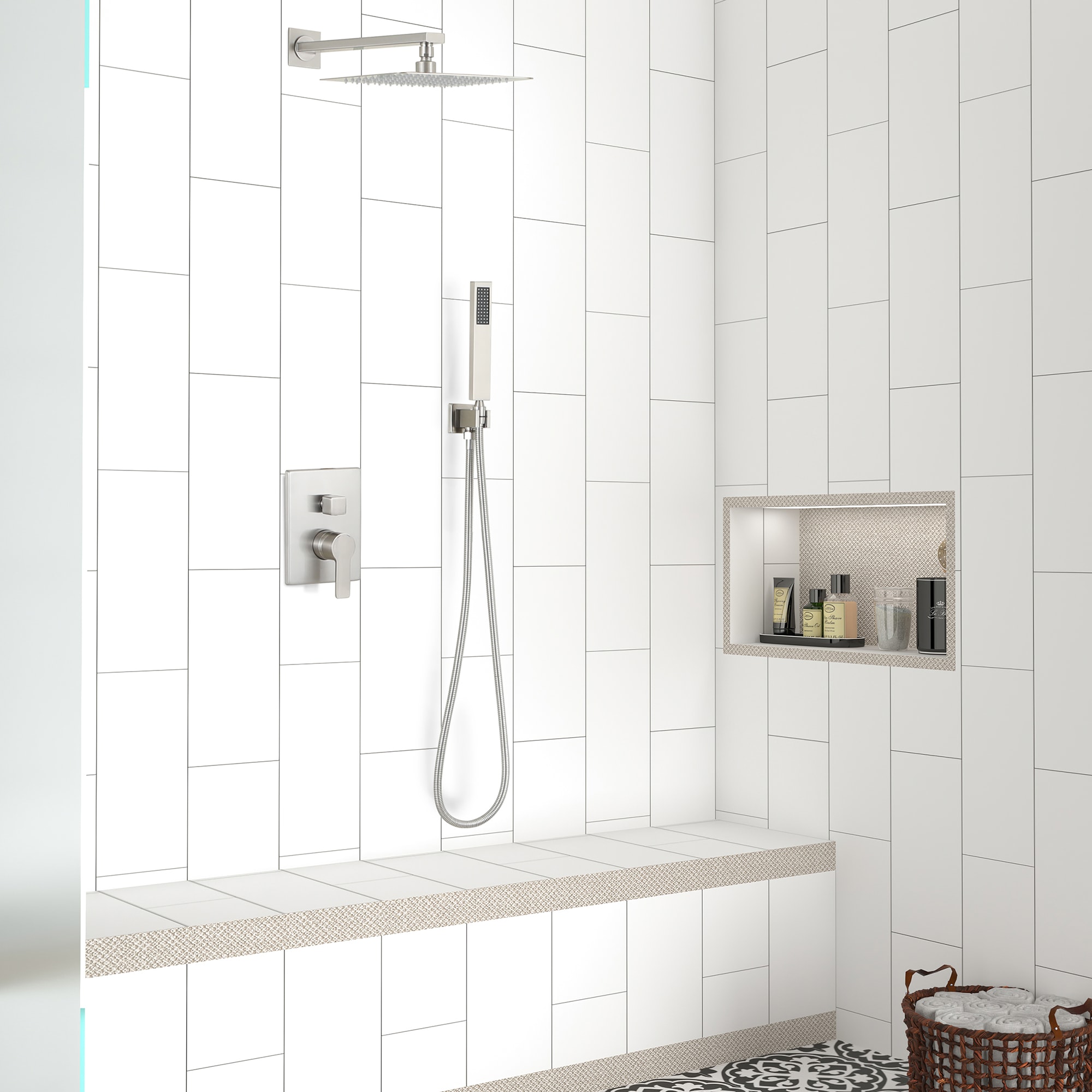 CASAINC Brushed Nickel Dual Head Waterfall Built-In Shower Faucet ...