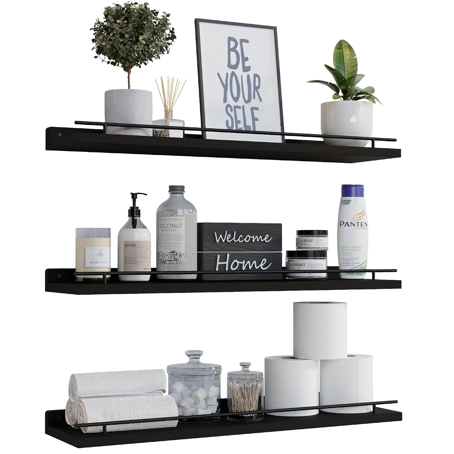 SPACELEAD Floating Wall Shelves 23.6 Inch with Metal Guardrail Set of 3 Solid Pine Wood Black Finish for Bathroom Bedroom Kitchen and Living Room