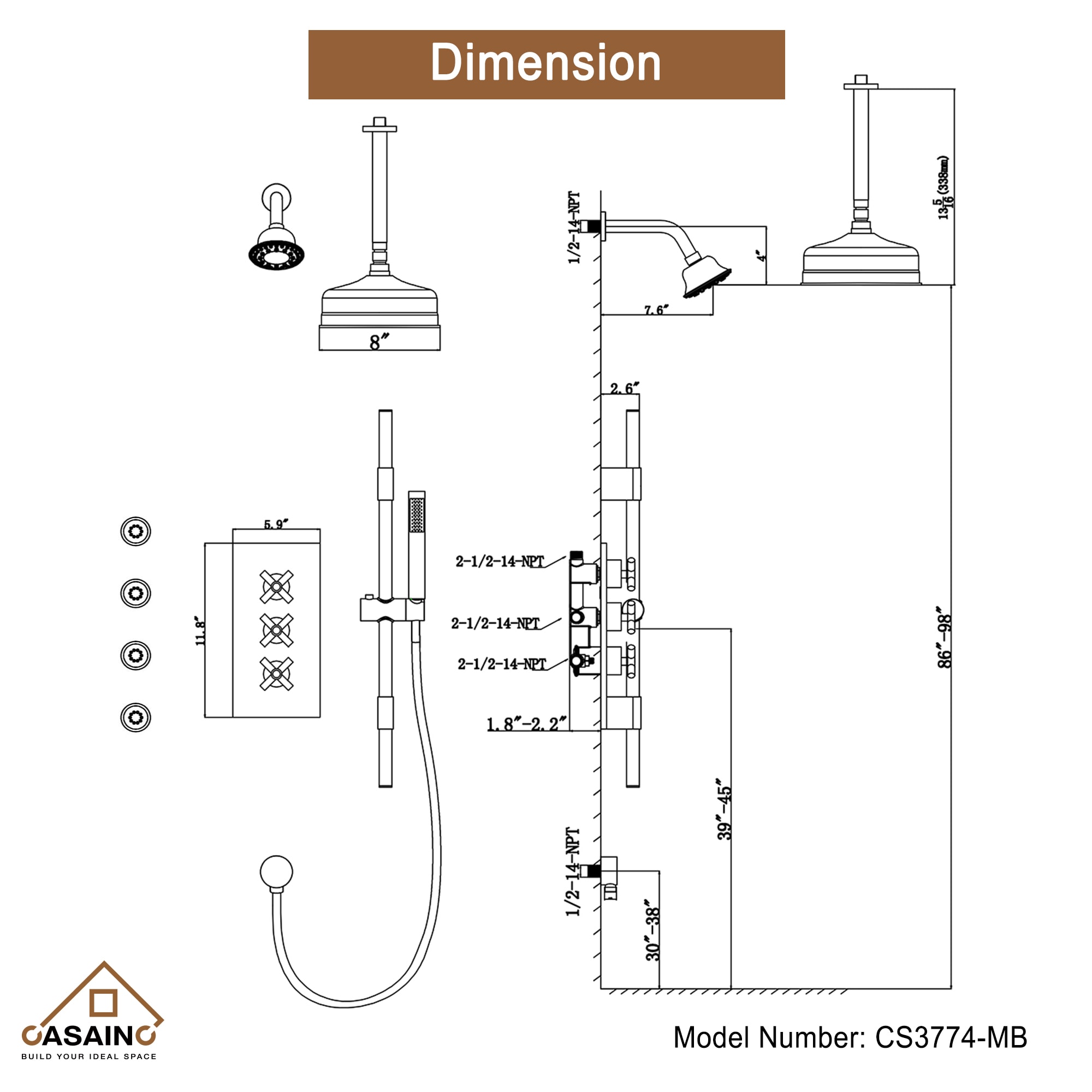 CASAINC CS3774-MB Showerhead-Bar-Panels - View #5
