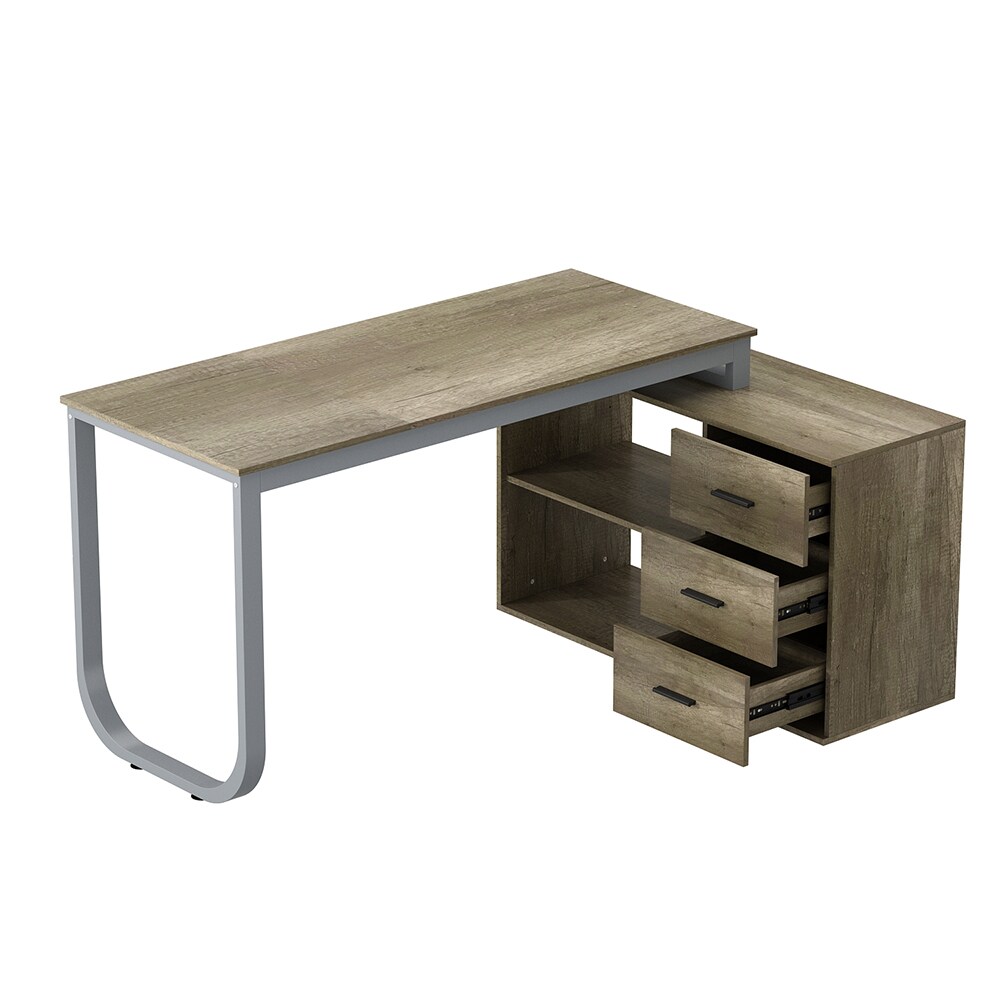  V-KF210009-03 L Shaped Desk with Storage Shelf and 3 Drawers for Home Office Corner Writing Desk Study Workstation