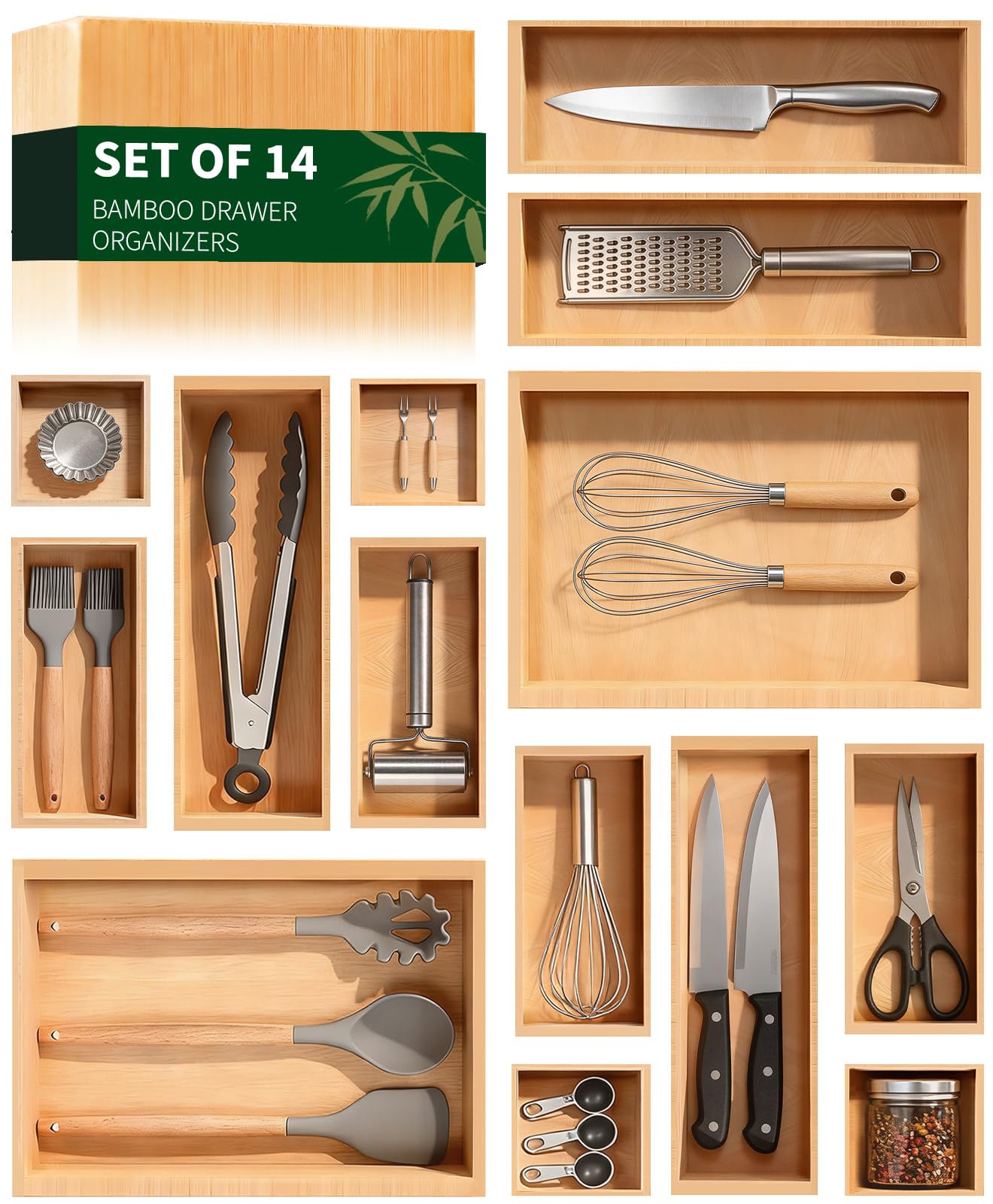 UUDULY  Bamboo Drawer Organizer 14 pcs Set Multi Size Storage Dividers for Kitchen Office Desk Jewelry Makeup Home Organization Gift