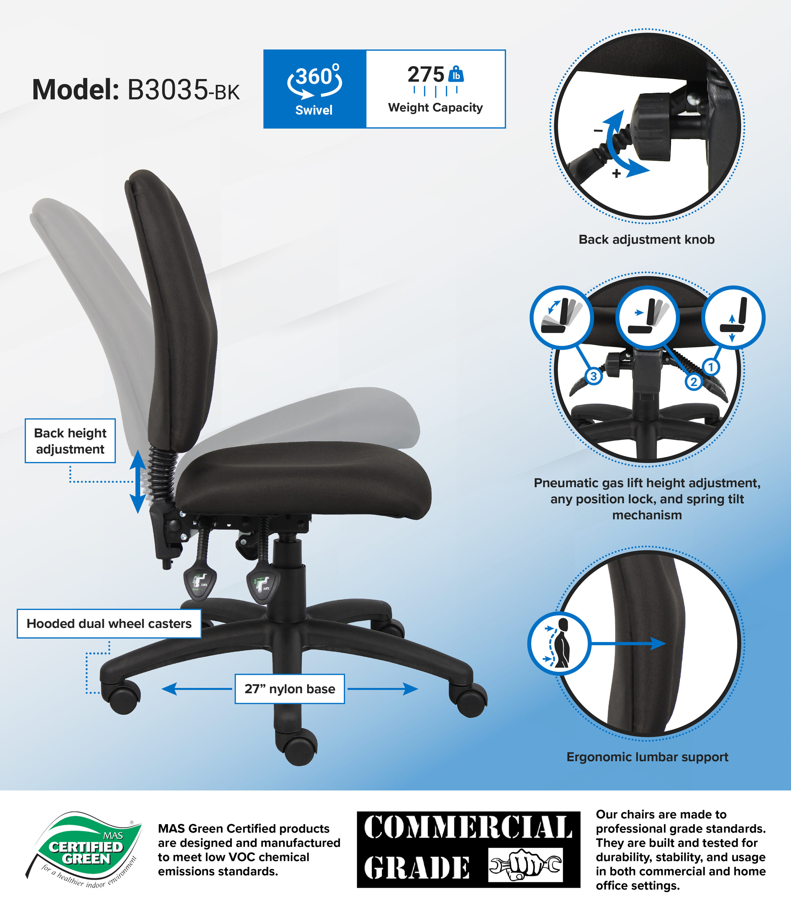 Adjustable Swivel Task Chair in Black Fabric with Lumbar Support