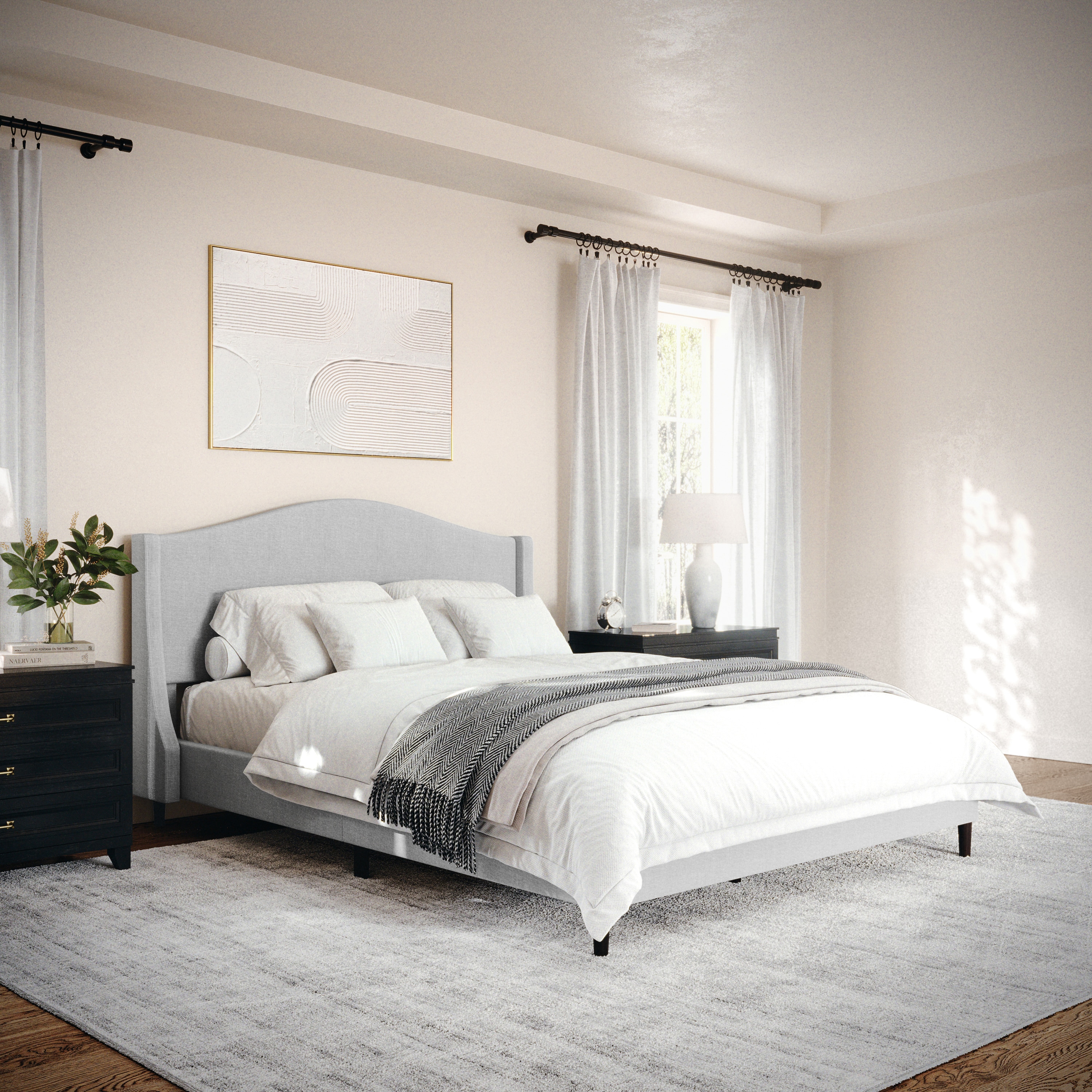 Gray Queen Upholstered Platform Bed with Curved Headboard and Wood Frame