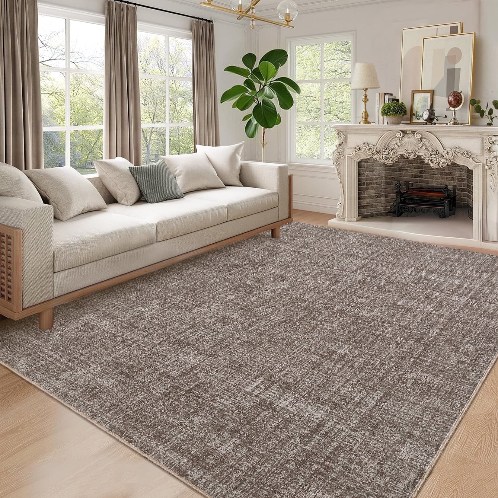 GAOMON 9x12 Solid Area Rug Washable Non-Slip Stain Resistant Low Pile Soft Foldable for Living Room Bedroom Office Brown