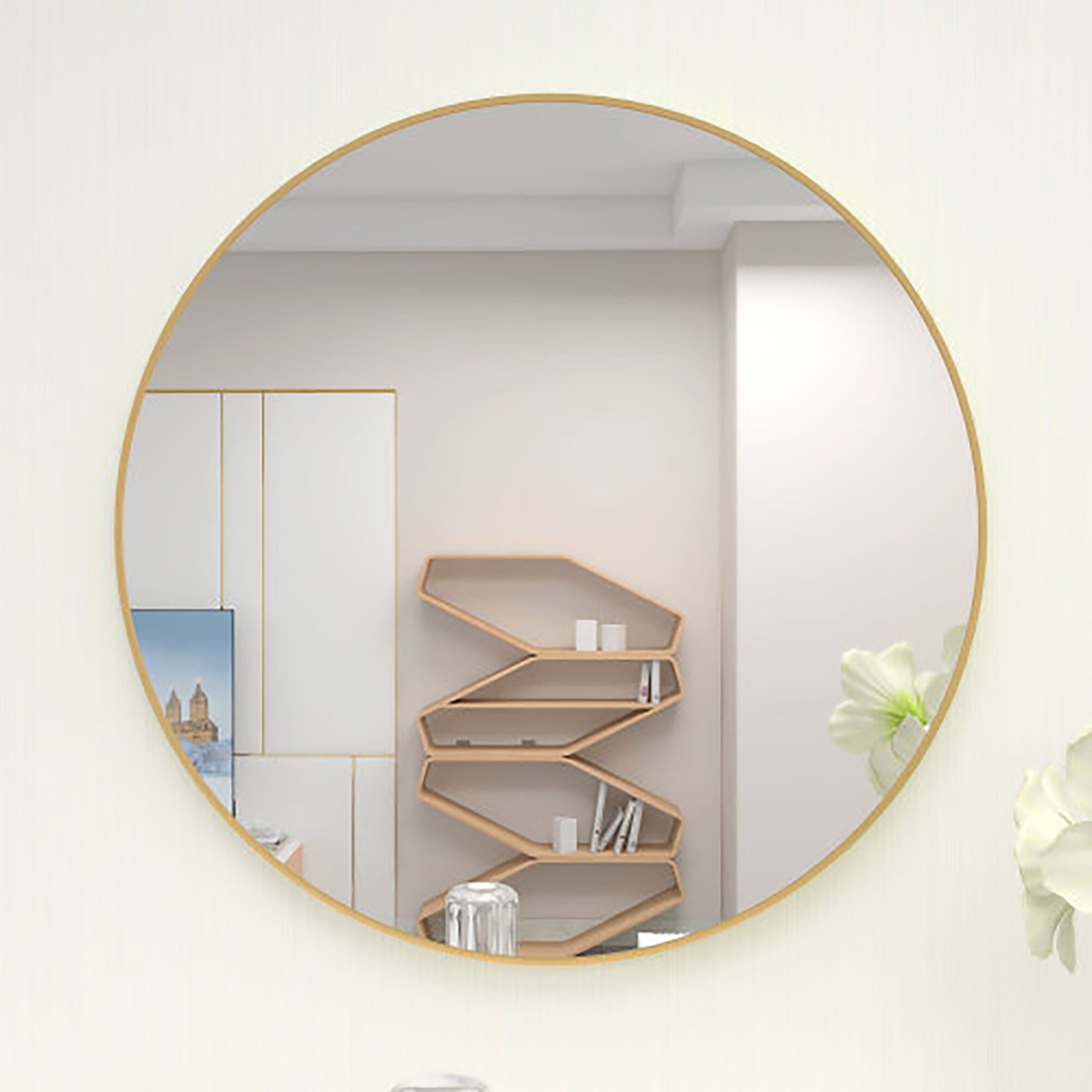 WELLFOR ALMR-20 32-Inches x 32-Inches Framed Round Bathroom Vanity Mirror ( Gold )