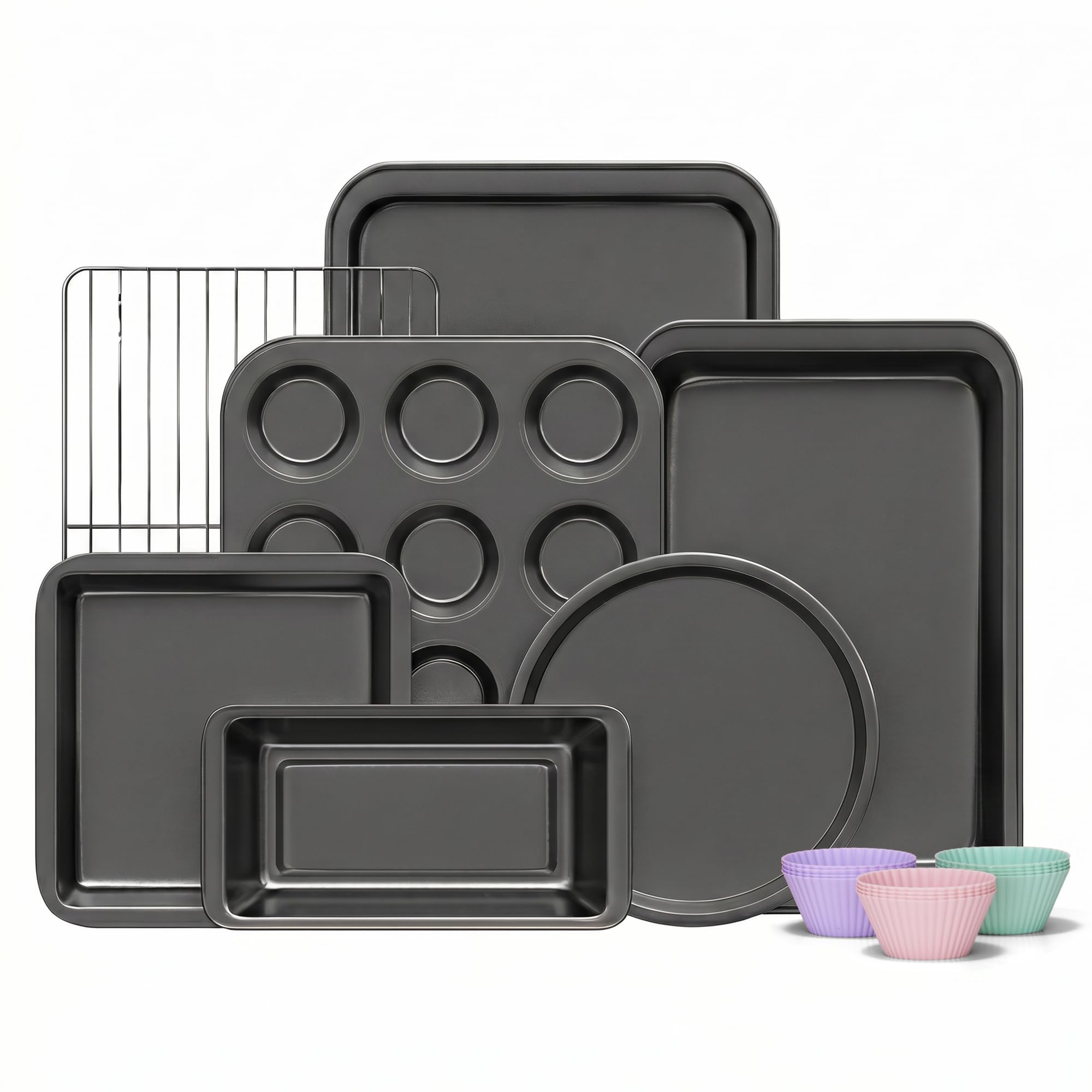 DHMHD  7 Piece Carbon Steel Bakeware Set with Round Square Cake Pan Loaf Pan Muffin Pan Cookie Sheet Cooling Rack and Deep Roast Pan