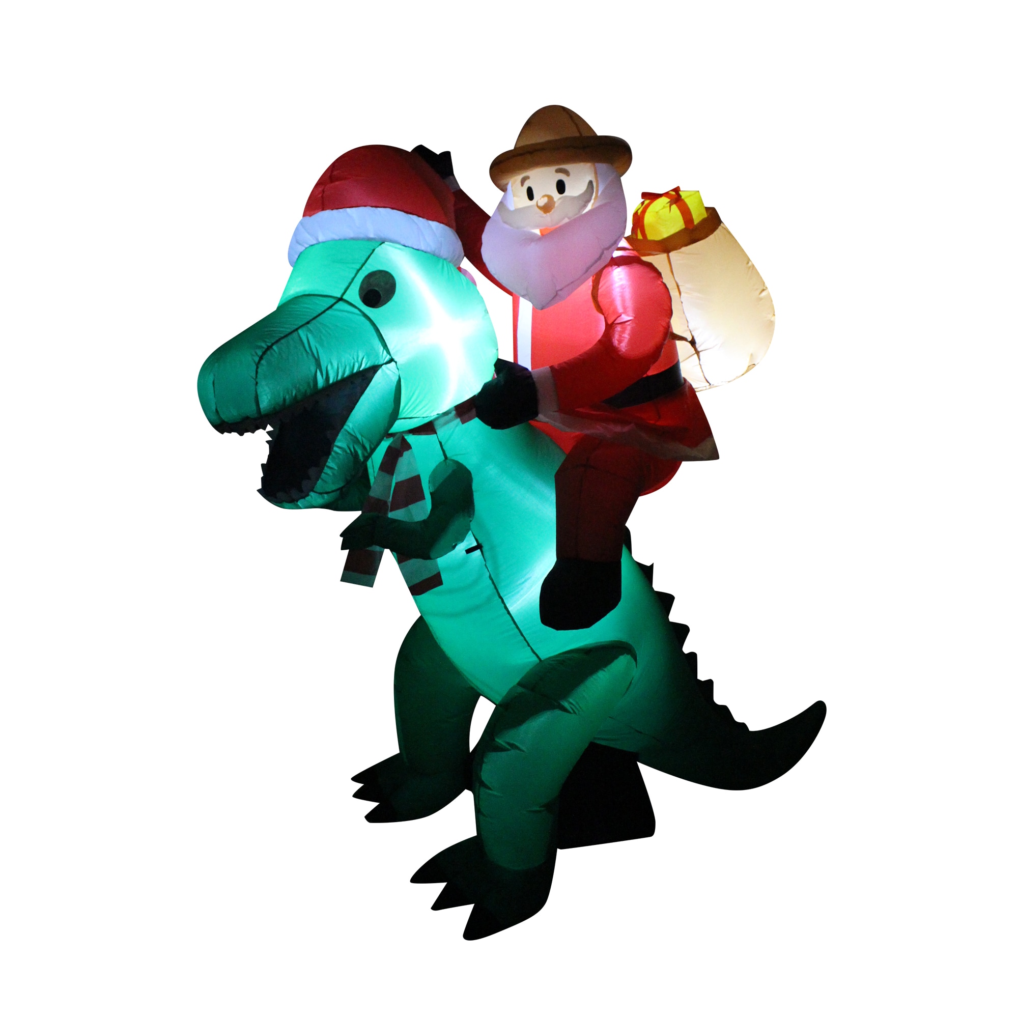 8-Foot Inflatable Santa on Green Dinosaur Lawn Decoration