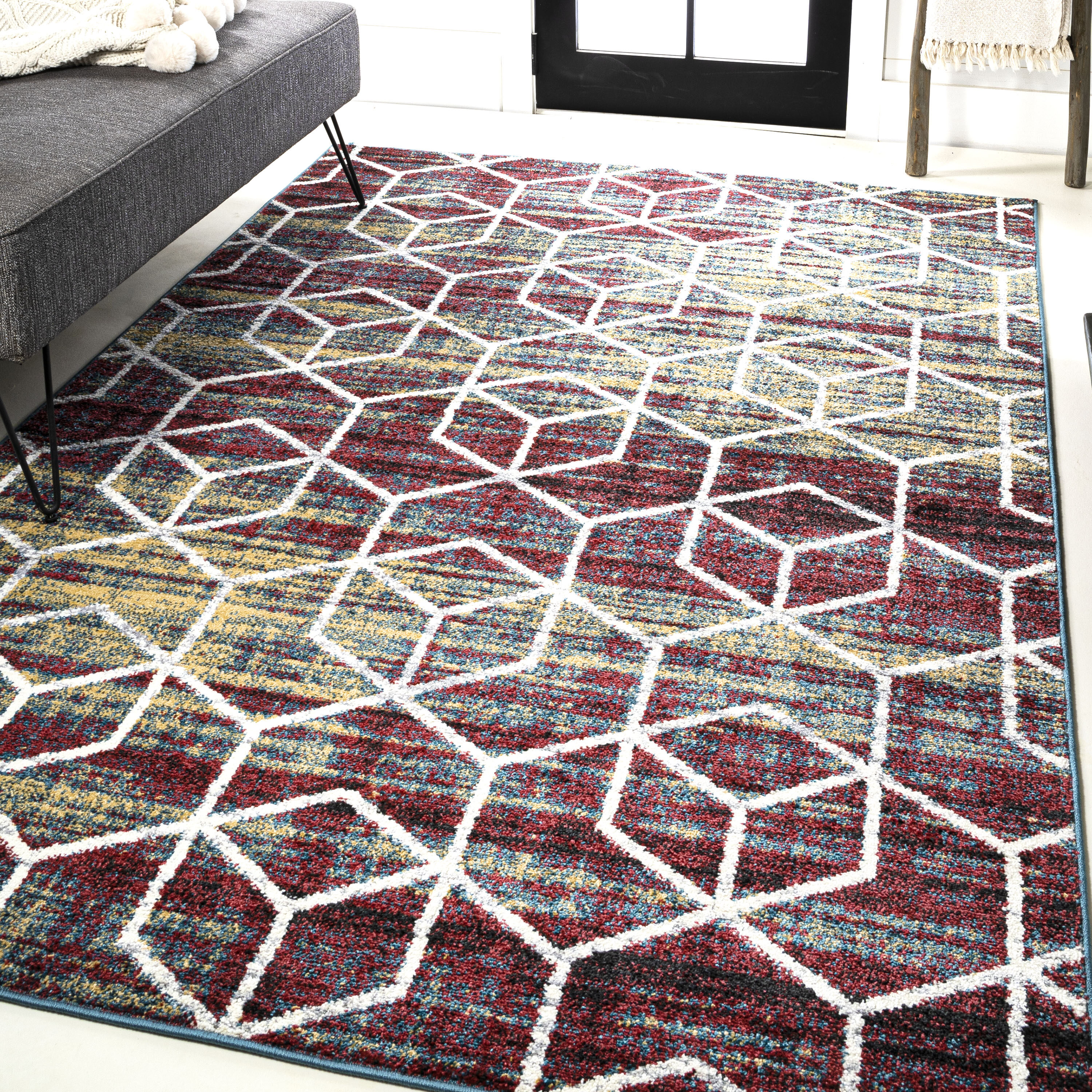 JONATHAN  Y SEU101J-4 SUPERSOFT Tumbling Blocks 4 x 6 (ft) Loomed Polypropylene Multi/White Rectangular Indoor Geometric Mid-Century Modern Area rug
