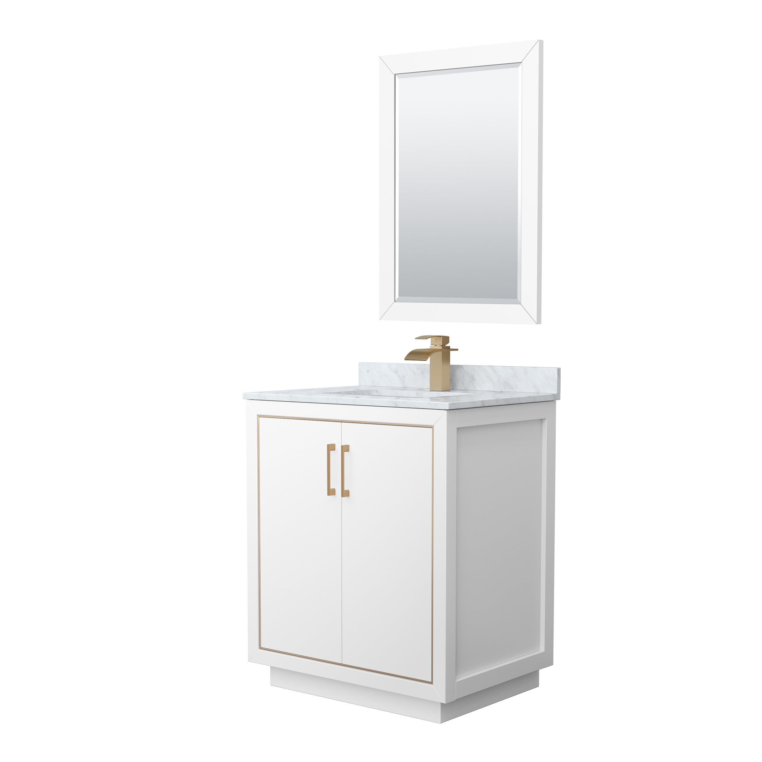 Wyndham Collection WCF111130SWZCMUNSM24 Icon 30-in White with Satin Bronze Trim Undermount Single sink Bathroom Vanity with White Carrara marble Natural marble Top (Mirror Included)
