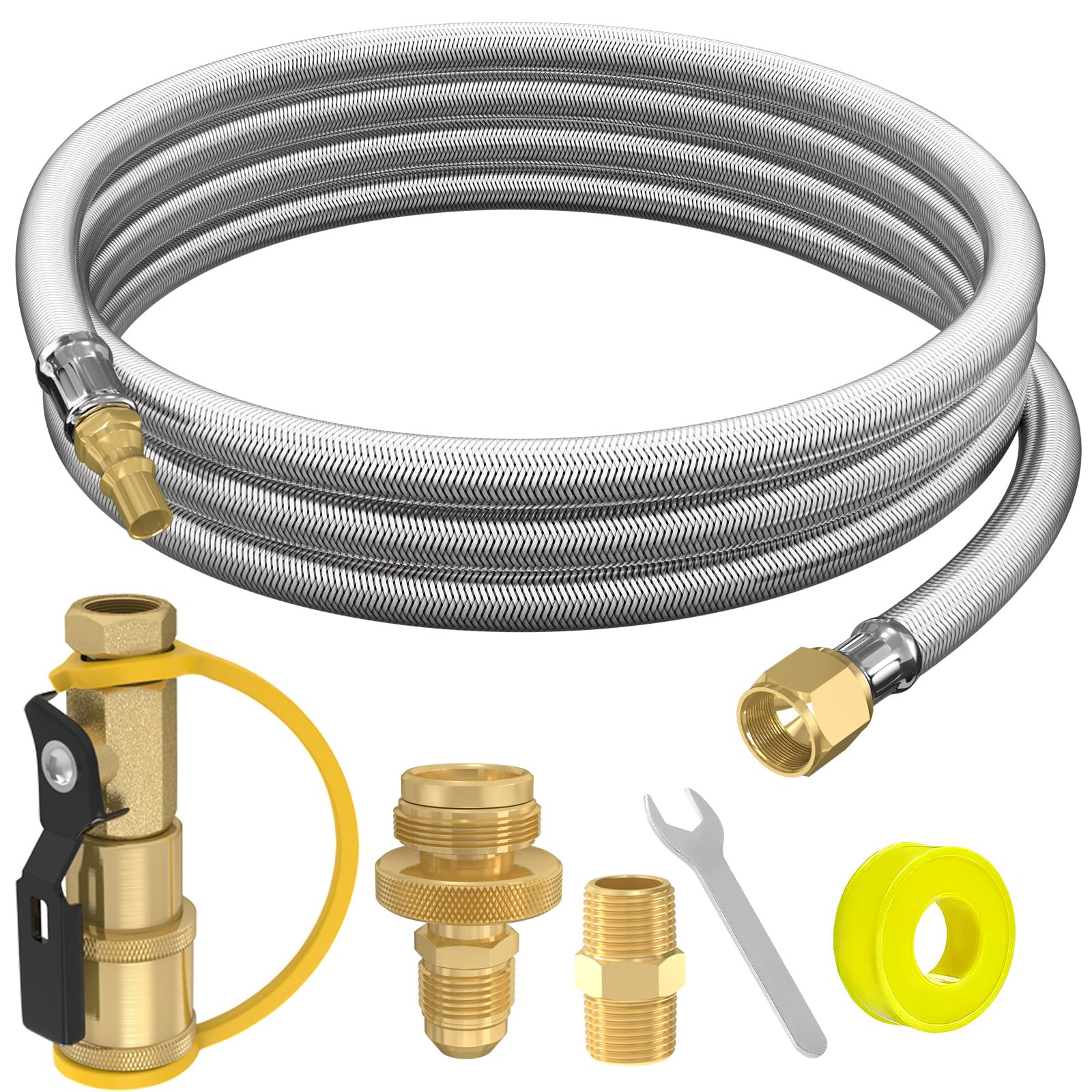 JVFCXXV  12 Foot RV Quick Connect Propane Hose Kit Stainless Braided Extension with One Pound Adapter for Grill Heater Stove and Portable