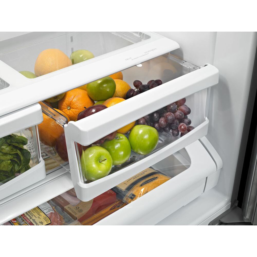 Maytag MFT2673BEM 26.1 cu. ft. French Door Refrigerator with 4  Spill-Catcher Glass Shelves, LED Interior Lighting, SmoothClose Freezer  Drawer, External Water/Ice Dispenser and Better Built Refrigerator  Compressor: Stainless Steel