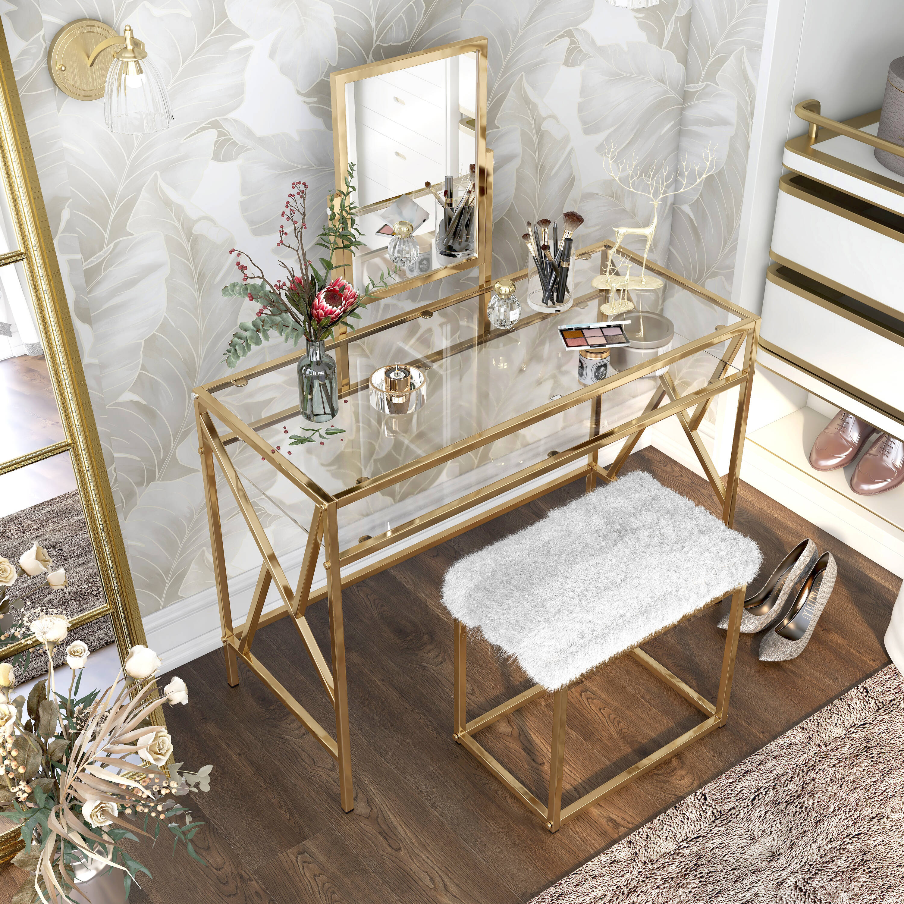 Modern Makeup Vanity Set Champagne Dressing Table with Jewelry Storage & Cabinet & Stool